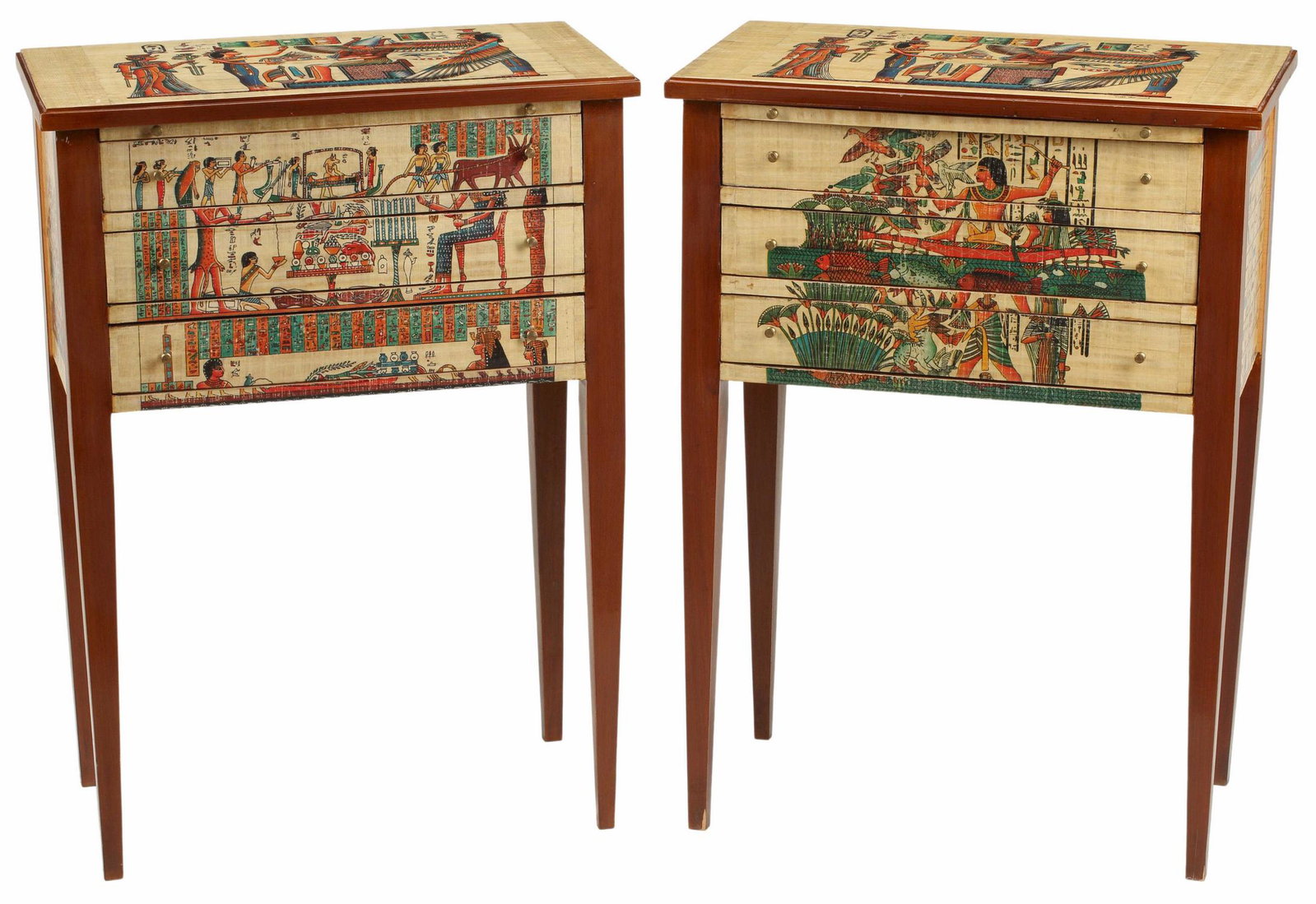 (2) EGYPTIANESQUE THREE-DRAWER NIGHTSTANDS: (pair) Egyptianesque three-drawer nightstands, approx 29"h, 21"w, 12.5"d Start Price: $150.00