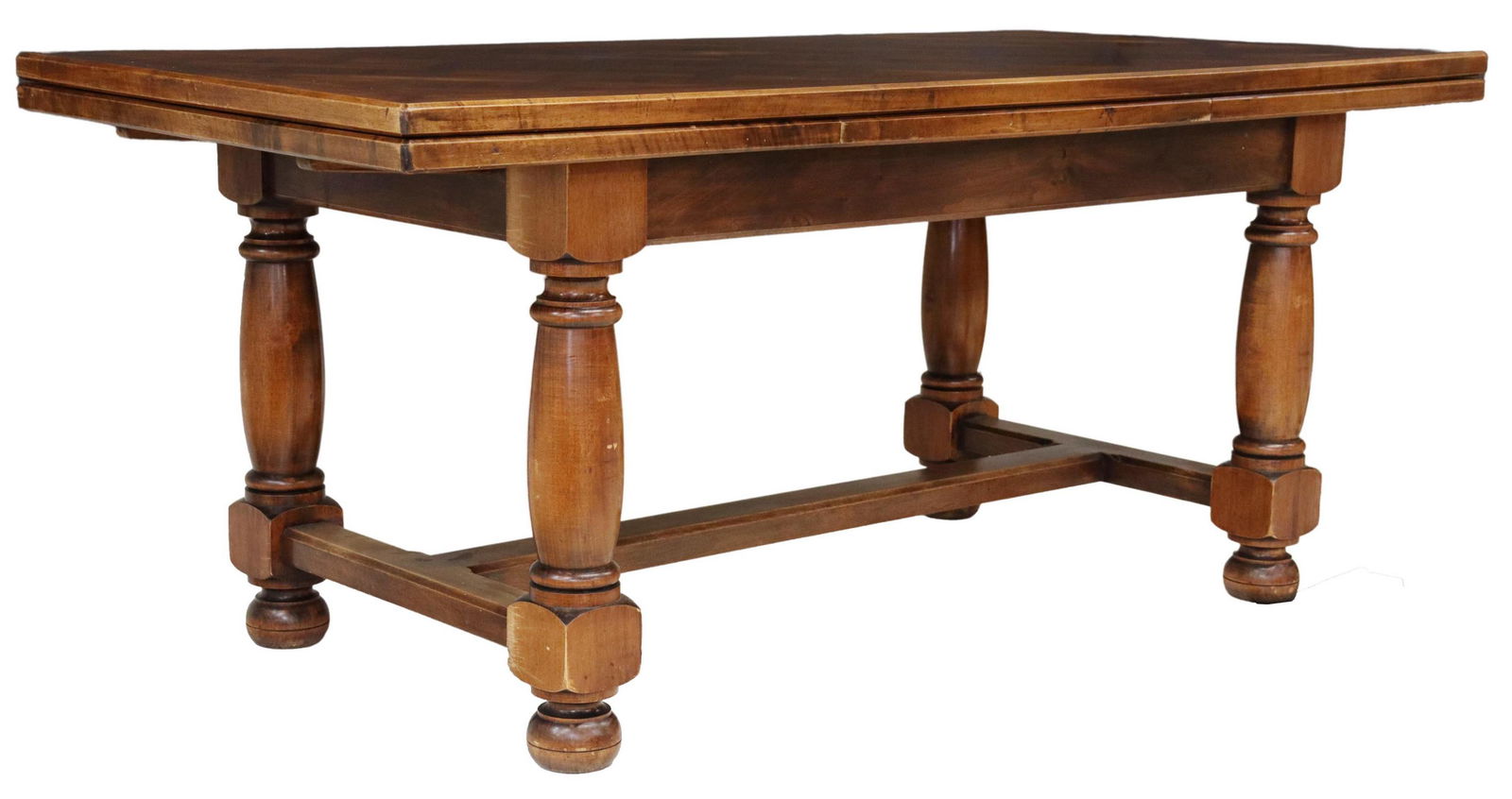 FRENCH PROVINCIAL WALNUT PARQUETRY DRAW-LEAF TABLE: French Provincial walnut draw-leaf table, 20th c., rectangular parquetry top, rising on turned stretcher-joined supports, ending in bun feet, approx 31.25"h, 73.25"l, 35"w, floor to apron: 24.25"h, ex
