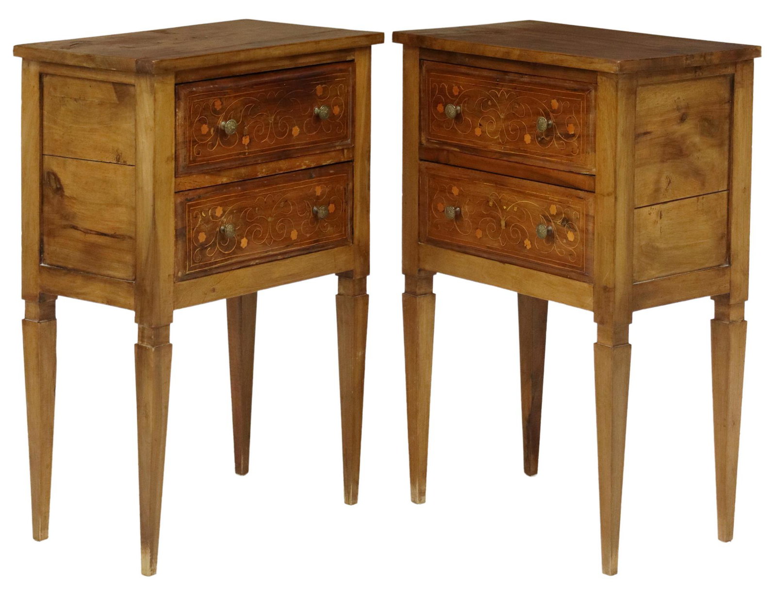 2) ITALIAN WALNUT MARQUETRY TWO-DRAWER NIGHTSTANDS: (pair) Italian walnut nightstands, 20th c., two drawers with scroll marquetry, rising on tapered square legs, approx 29.5"h, 19.5"w, 11.75"d Start Price: $250.00