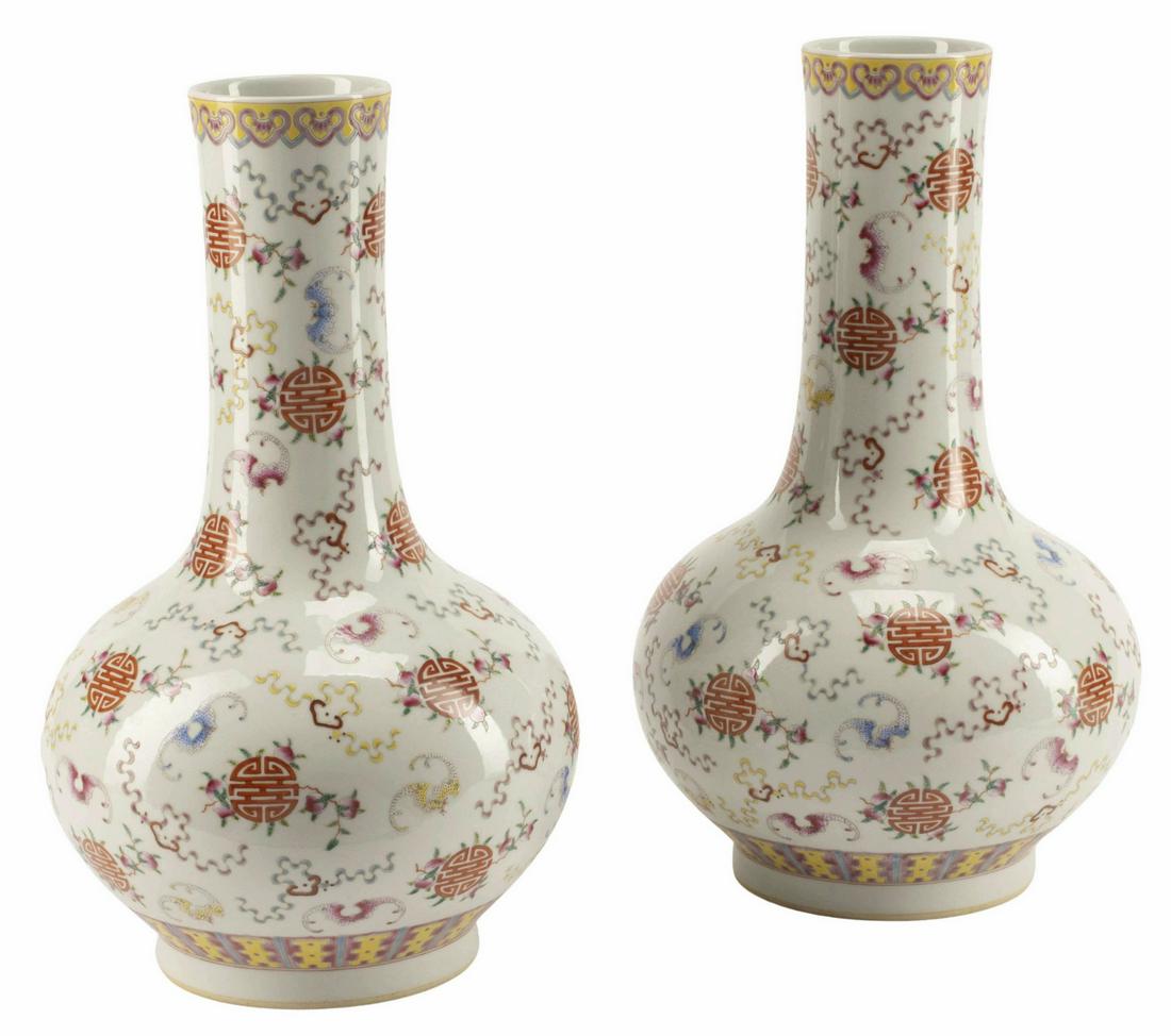 (2) CHINESE FAMILLE ROSE PORCELAIN GOOSENECK VASES: (pair) Chinese famille rose porcelain gooseneck vases, decorated with bats among stylized clouds, Shou (longevity) characters with peach branches, six character mark underfoot, approx 18.5"h, 10"diam,