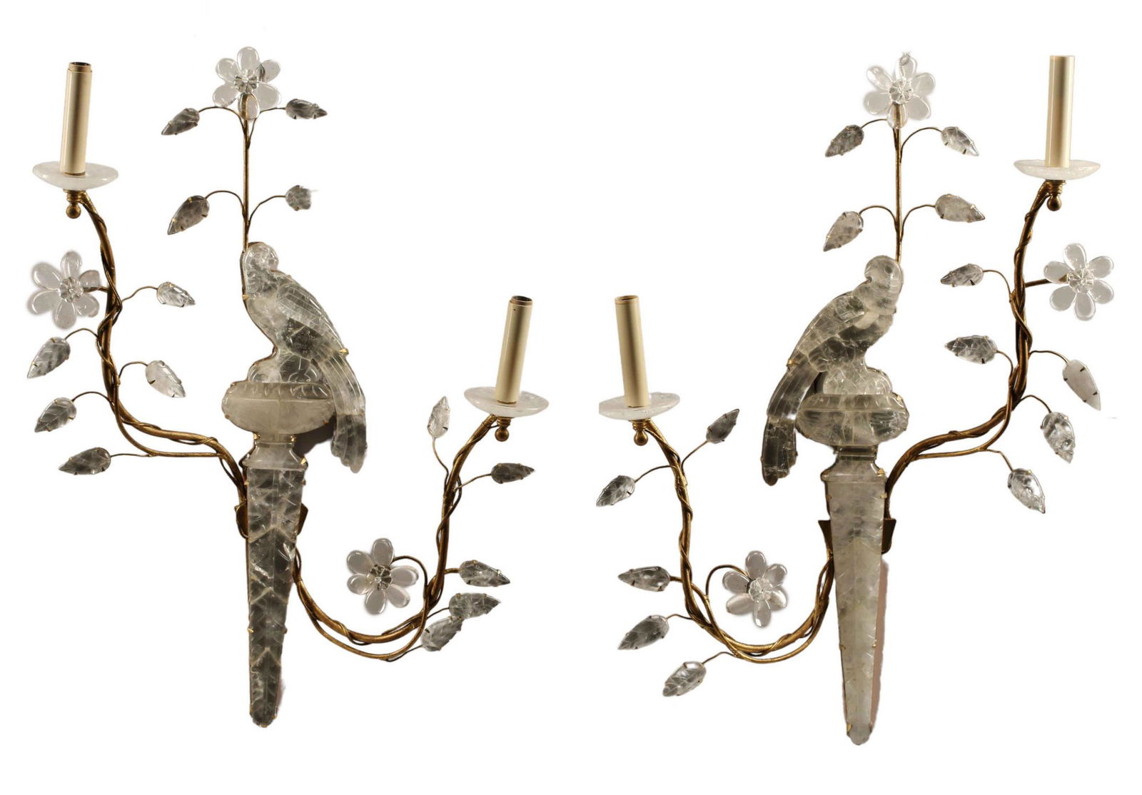 (2) ROCK CRYSTAL & GILT METAL TWO-LIGHT SCONCES: (pair) Rock crystal and gilt metal two-light sconces, in the manner of Maison Bagues, approx 26"h, 20"w, 8"d, 14lbs total Start Price: $600.00