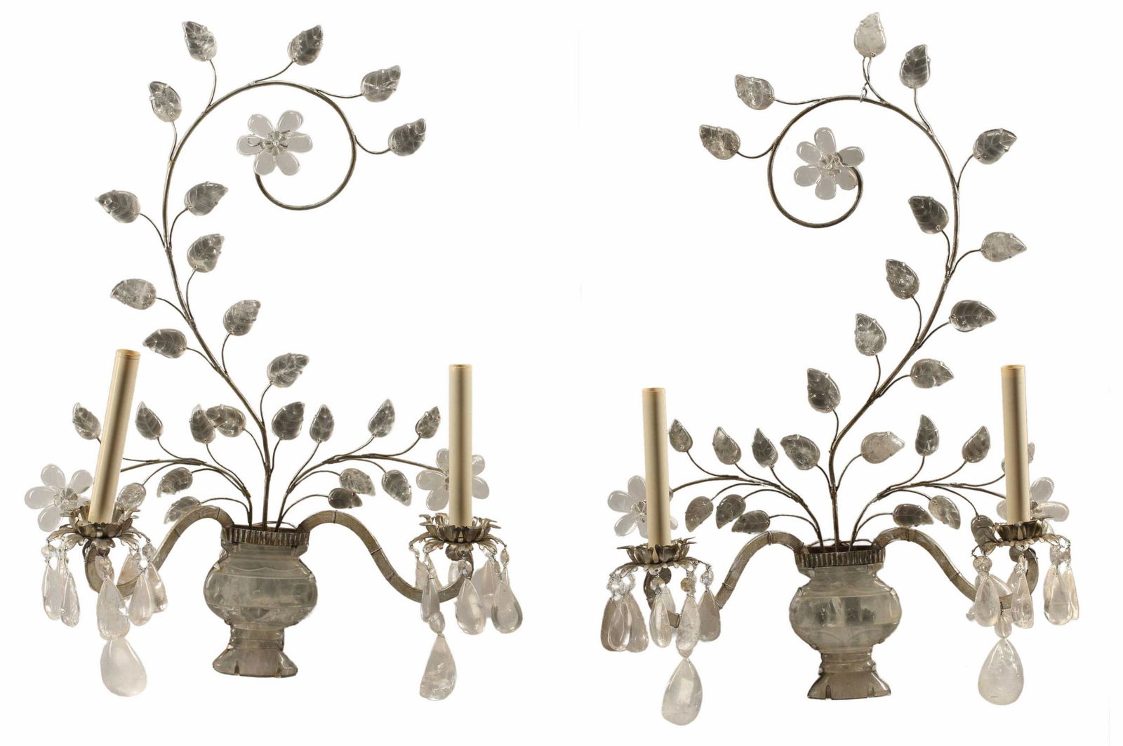 (2) ROCK CRYSTAL & SILVERED METAL 2-LIGHT SCONCES: (pair) Rock crystal and silvered metal two-light sconces, in the manner of Maison Bagues, approx 26"h, 18.5"w, 7"d, 14lbs total Start Price: $800.00