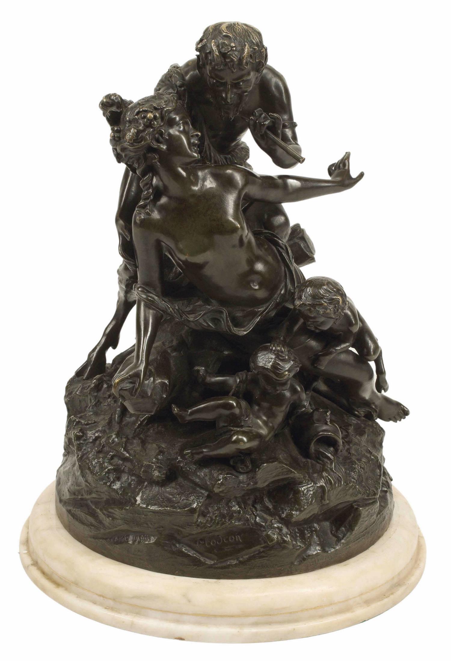 AFTER CLODION (1738-1814) BRONZE BACCHANTE & SATYR: Patinated bronze sculpture, Bacchante and Satyr with Putti, after Clodion (Michel Claude Clodion, French, 1738-1814), on marble base, approx 21"h, 15"diam Start Price: $600.00