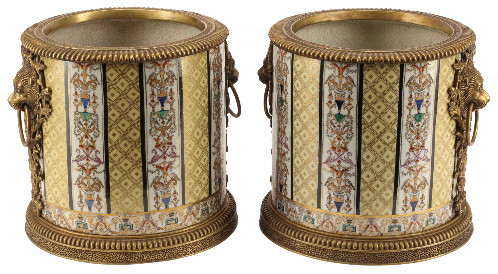 (2) ORMOLU-MOUNTED PORCELAIN CACHE POTS: (pair) Porcelain cache pots, with bronze dore mounts, with lion's-head and ring handles, United Wilson Porcelain Factory (Hong Kong) mark underfoot, approx 10"h, 12"w, 10"d, 34lbs total Start Price: $