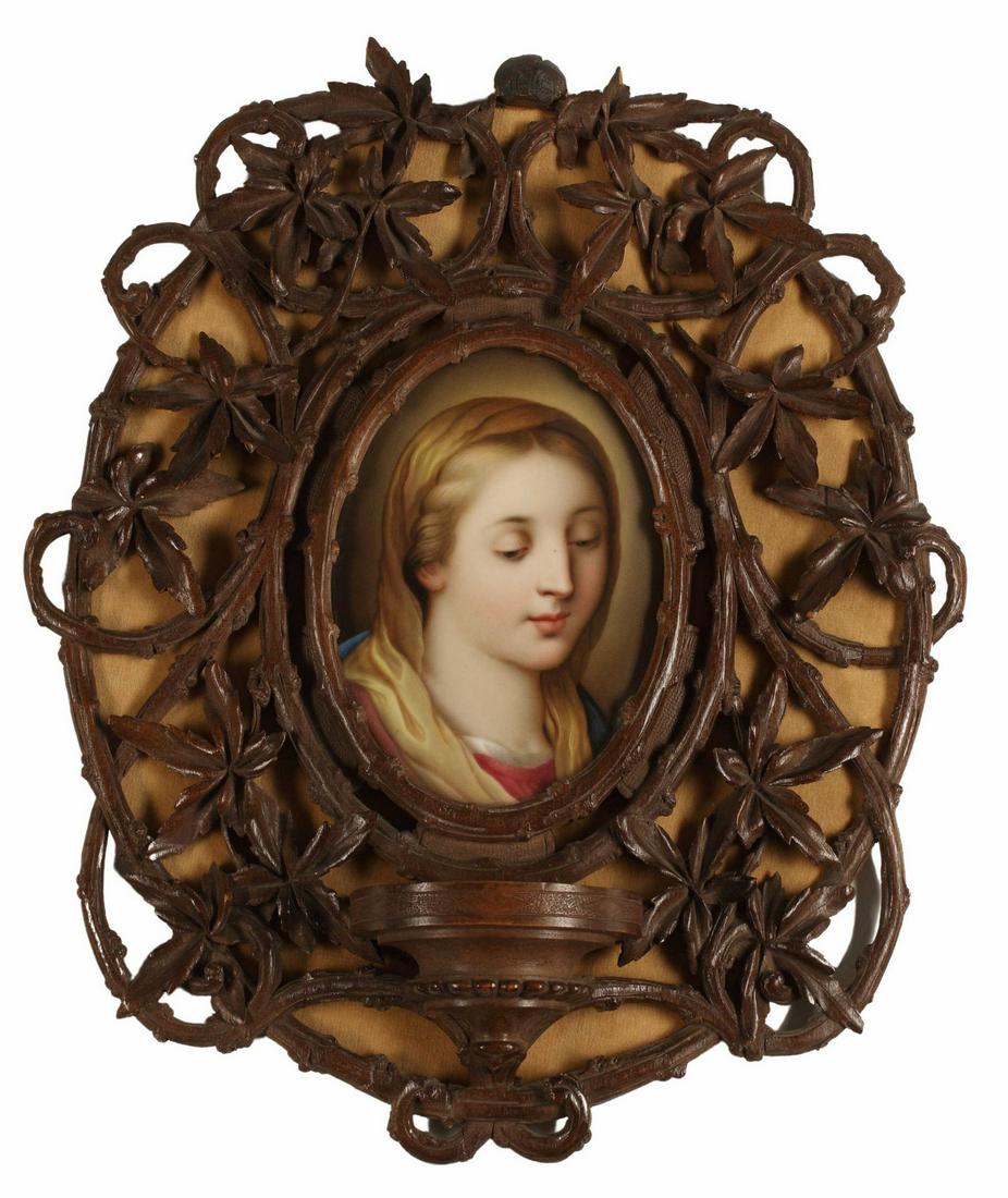 FRAMED KPM STYLE PORCELAIN PLAQUE, VIRGIN MARY: Framed KPM style porcelain plaque, The Virgin Mary, approx 14"h, 12"w, 3"d, 1.5lbs Start Price: $200.00