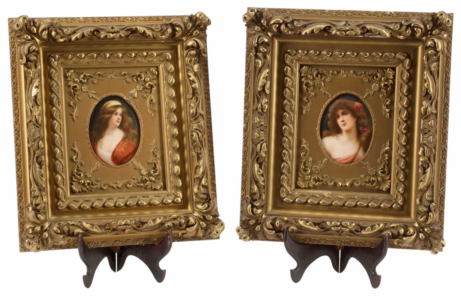 (2) FRAMED KPM STYLE PORCELAIN PORTRAIT PLAQUES: (lot of 2) Framed KPM style porcelain portrait plaques, some loss and restoration to frames, plaques: approx 4 7/8"l, 3 7/8"w, overall: approx 16"h, 14"w, 10lbs total Start Price: $250.00