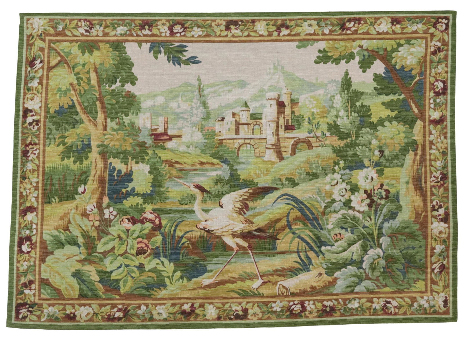 ROBERT FOUR SILKSCREEN VERDURE TAPESTRY, 42" X 59": Aubusson style silkscreen tapestry, "Verdure aux Fees," Robert Four, late 20th c., landscape with castle, bird in foreground, approx 42.5"h, 59"w Start Price: $200.00