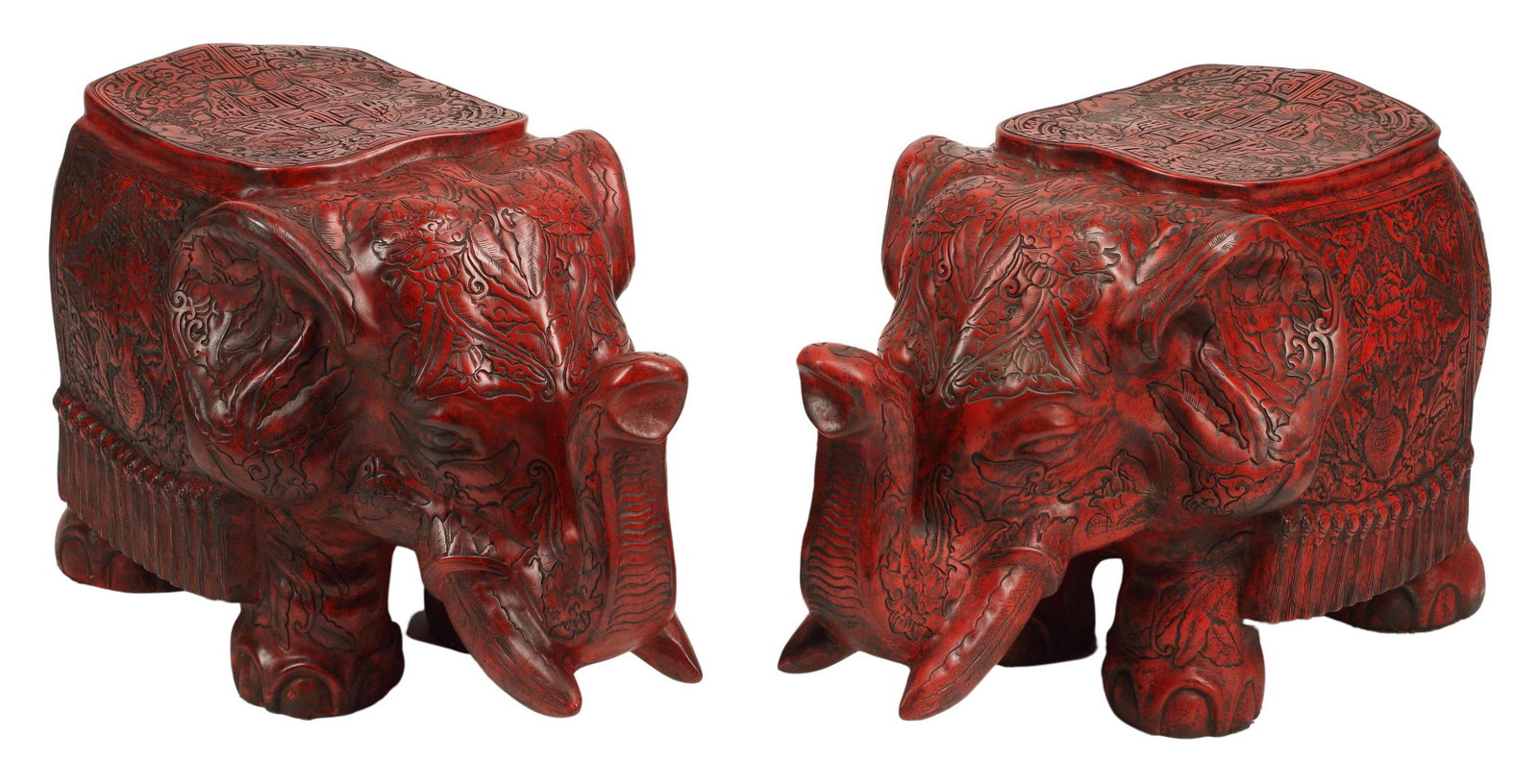 (2) CHINESE CINNABAR ELEPHANT-FORM STOOLS: (pair) Chinese cinnabar elephant-form stools, approx 18"h, 35"l, 14"w Start Price: $800.00