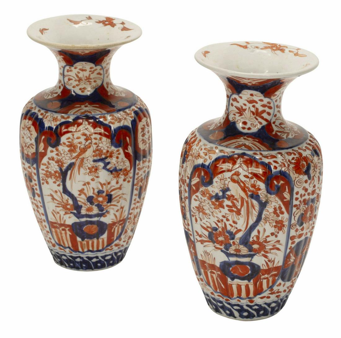 (2) JAPANESE IMARI PALETTE PORCELAIN VASES: (pair) Japanese Imari palette porcelain vases, one with hairline at interior of rim, approx 12.5"h, 6.5"diam, 6lbs total Start Price: $150.00
