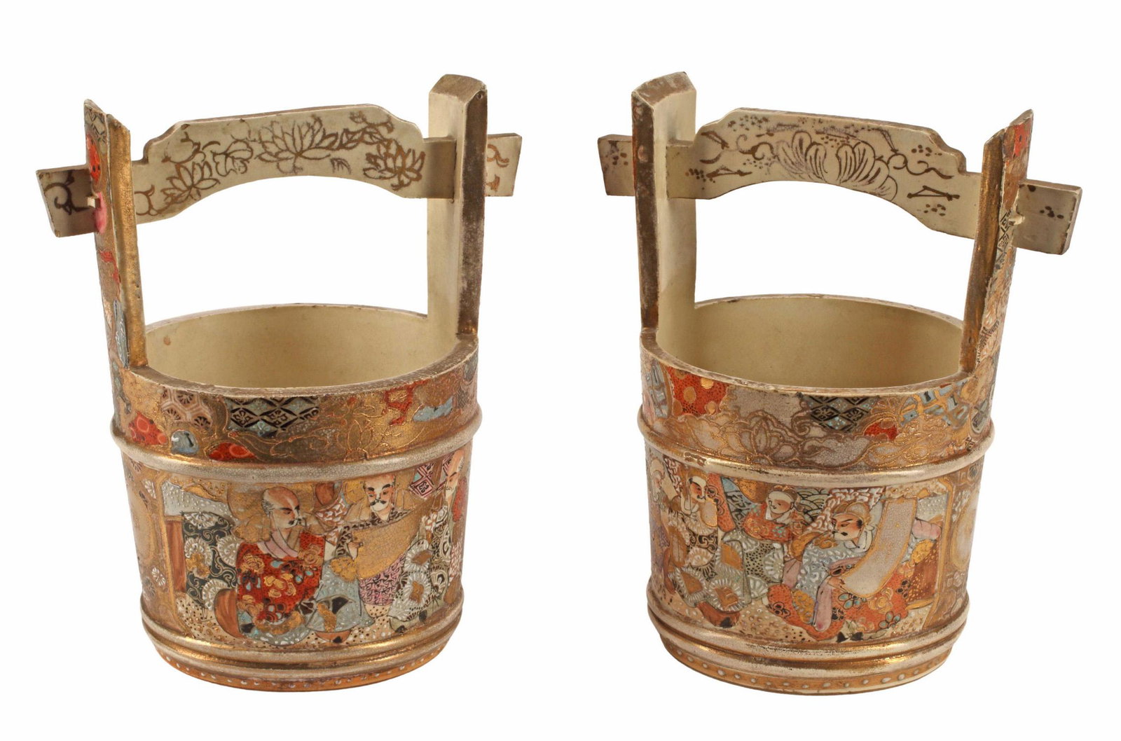 (2) JAPANESE SATSUMA WATER BUCKET-FORM PLANTERS: (pair) Japanese Satsuma water bucket-form vases/ planters, Meiji period (1868-1912), approx 8.5"h, 8"w, 5.5"d, 4.75lbs total Start Price: $150.00