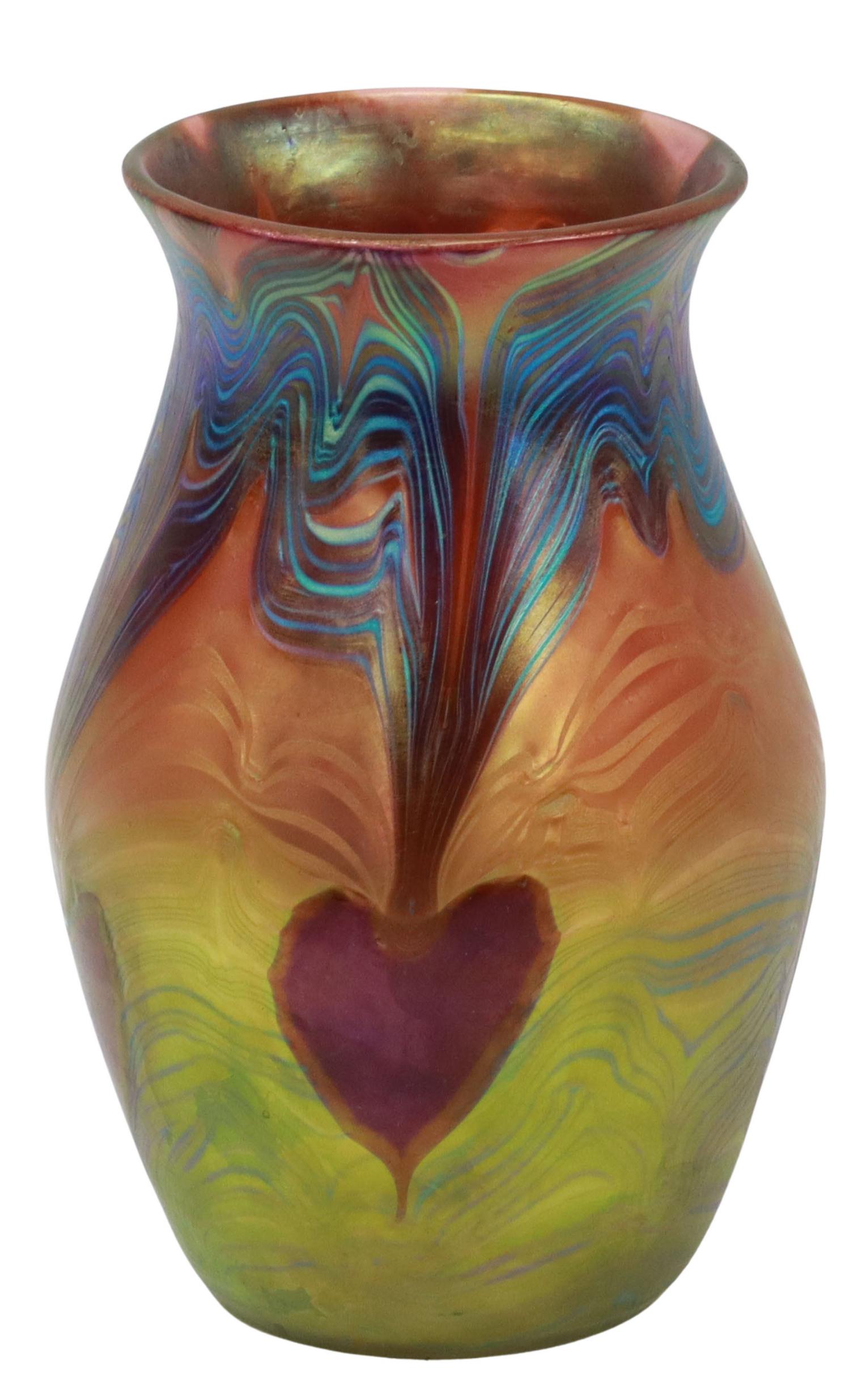 RARE LOETZ PHAENOMEN (ATTR.) ART GLASS HEARTS VASE: Bohemian art glass vase, attributed to Loetz, early 20th c., pulled feather design, heart-shaped applications, polished pontil, unmarked, no observed chips or cracks, approx 6.5"h, 4.25"diam, 1lbs Sta