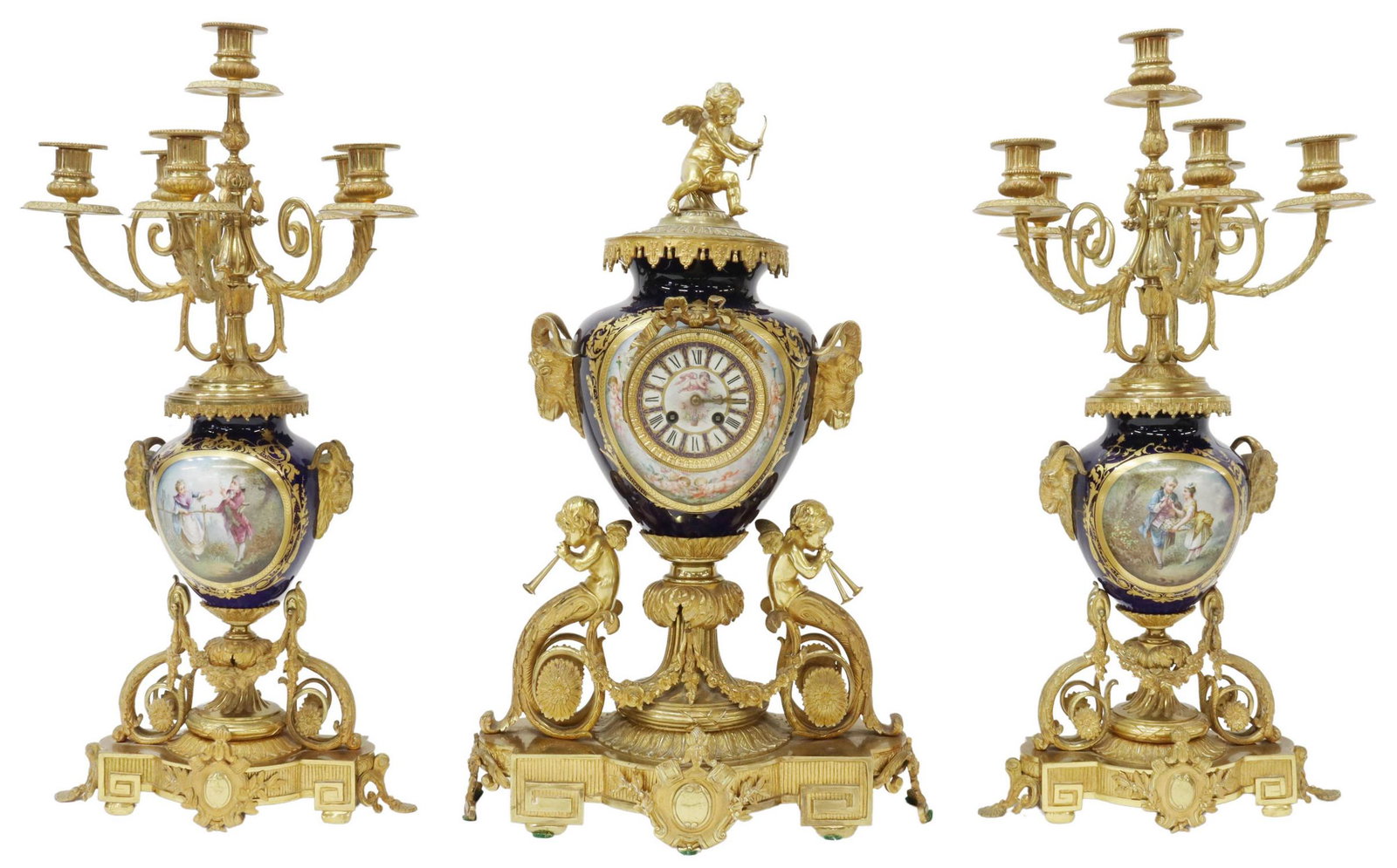 3) SEVRES STYLE ORMOLU PORCELAIN CLOCK, CANDELABRA: (3 piece) French Louis XVI style bronze dore and porcelain clock and garnitures, including: (1) clock, cupid finial, porcelain body with cobalt-blue ground, painted reserves with putti and flowers, en