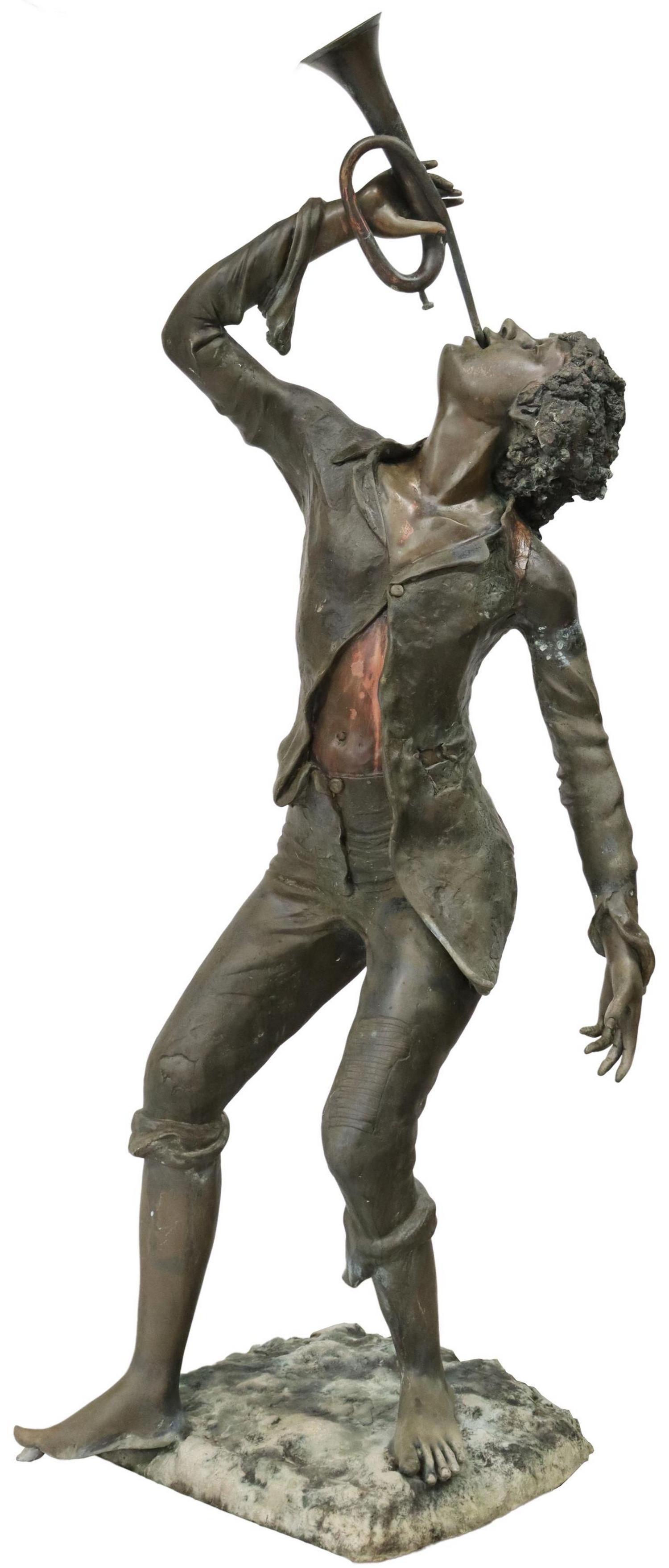 NEAR LIFE-SIZE PATINATED BRONZE MUSICIAN SCULPTURE: Near life-sized patinated bronze sculpture, 20th c., depicting a Swing-era bugle musician, on rounded base, signed "Ian" at coattail, approx 73"h, 22"w, 25"d Start Price: $750.00