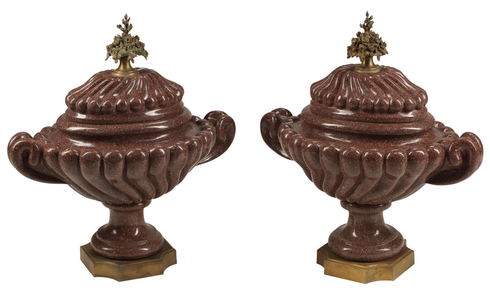 (2) ORMOLU-MOUNTED RED MARBLE FLUTED URNS: (pair) Neoclassical style red marble fluted urns, with bronze dore mounts, approx 27"h, 24"w, 13.5"d Start Price: $2500.00