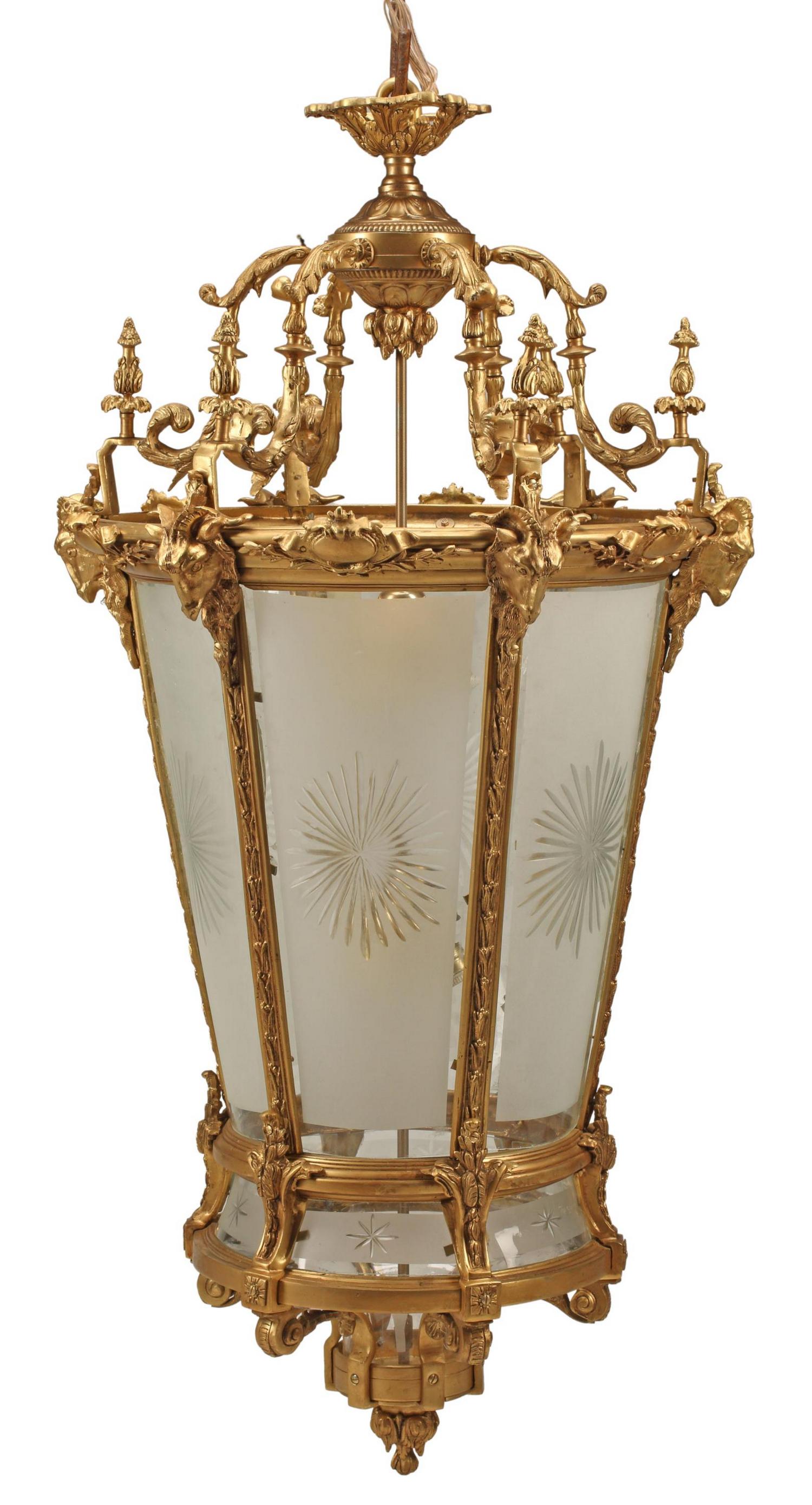 MONUMENTAL LOUIS XV STYLE ORMOLU & GLASS LANTERN: Monumental Louis XV style bronze dore and etched glass lantern, over shaped plexi-glass panels at underside of lantern, approx 58"h, 28"diam Start Price: $1500.00