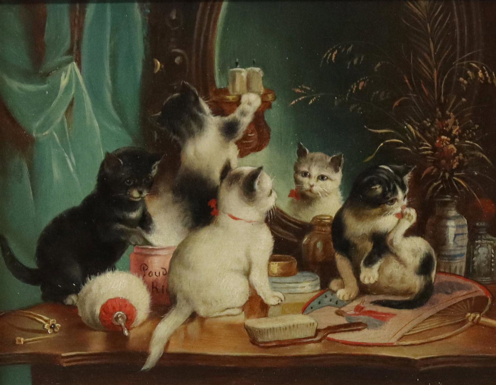 AFTER CARL REICHERT (1836-1918) VAIN KITTENS: Framed oil on panel painting, "Eitle Katzchen" (Vain Kittens), after Carl Reichert (Julius Hartung, Austrian, 1836-1918), loss to frame molding at upper left corner, sight: approx 6.75"h, 8.5"w, overa