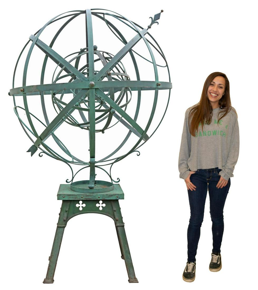 (LOT) IRON ARMILLARY SPHERE ON ARCHITECTURAL BASE: (lot) Monumental wrought iron armillary sphere, in a verdigris finish, rising on architectural verdigris iron base, overall: approx 89"h, 60.5"diam **PLEASE NOTE: All of the cast stone and garden piec