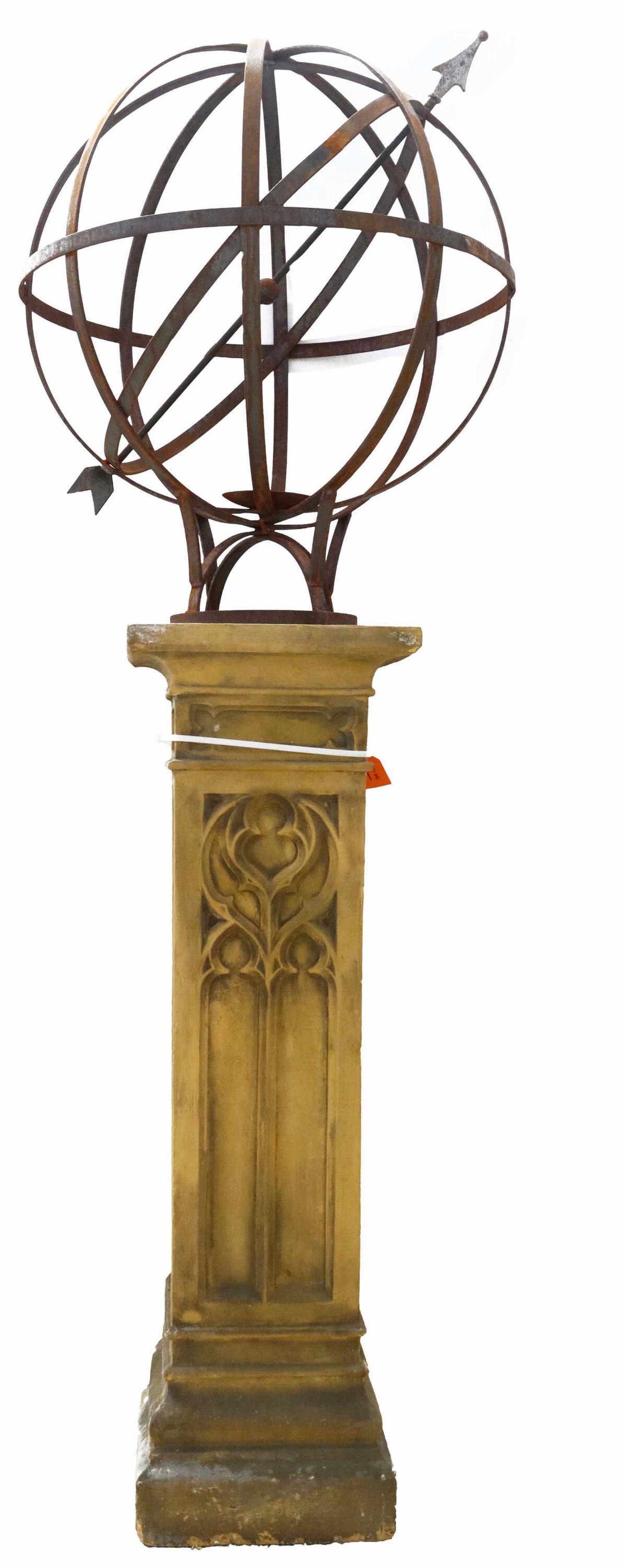 LOT) LARGE ARMILLARY SPHERE ON GOTHIC STYLE COLUMN: (lot) Large wrought iron armillary sphere, in two-parts, on a cast stone Gothic style column, overall: approx 90"h, 30.5"diam **PLEASE NOTE: All of the cast stone and garden pieces in this auction hav