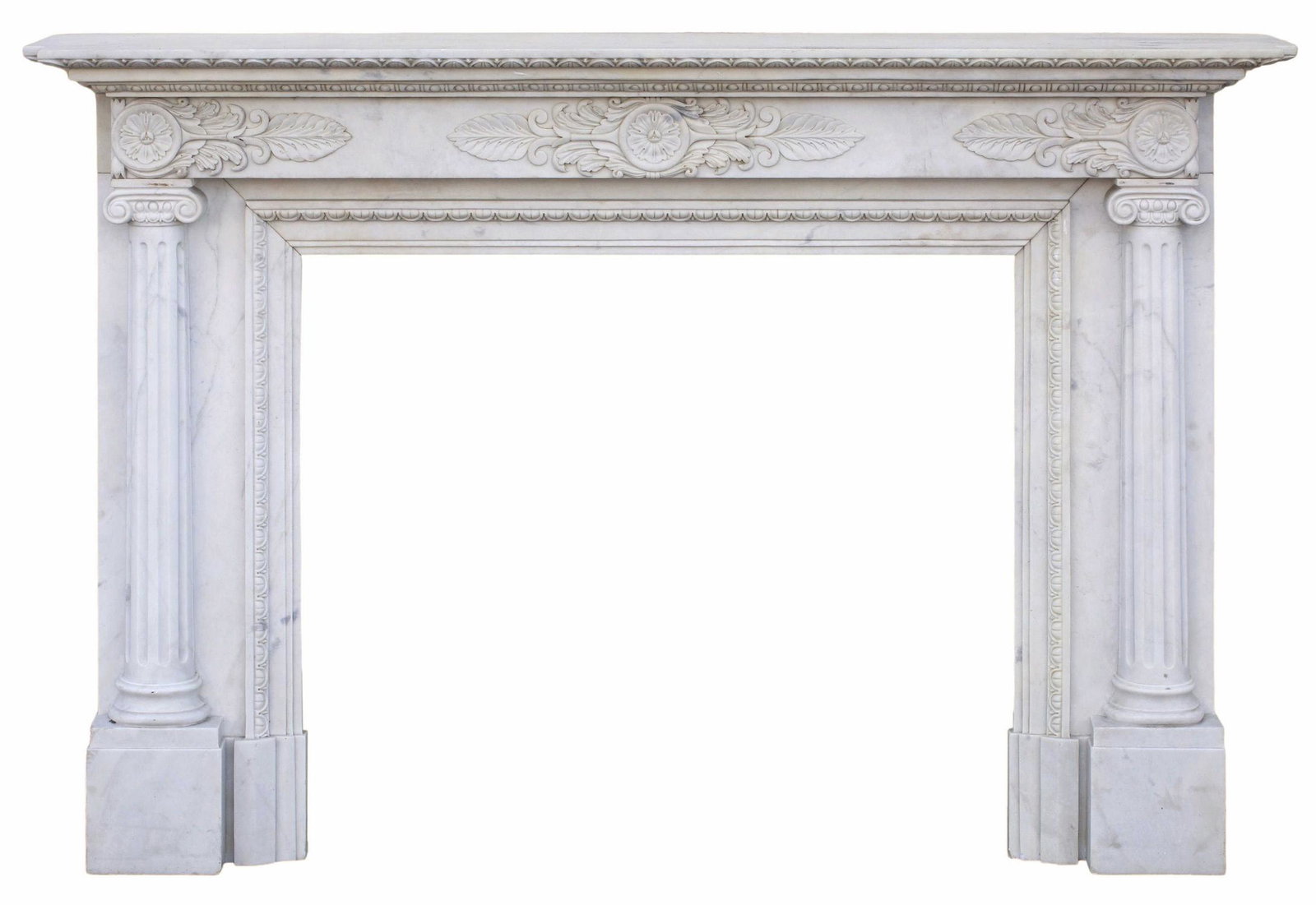 NEOCLASSICAL STYLE MARBLE FIREPLACE SURROUND: Neoclassical style marble fireplace surround, approx 41.5"h, 61"w, 12"d Start Price: $800.00