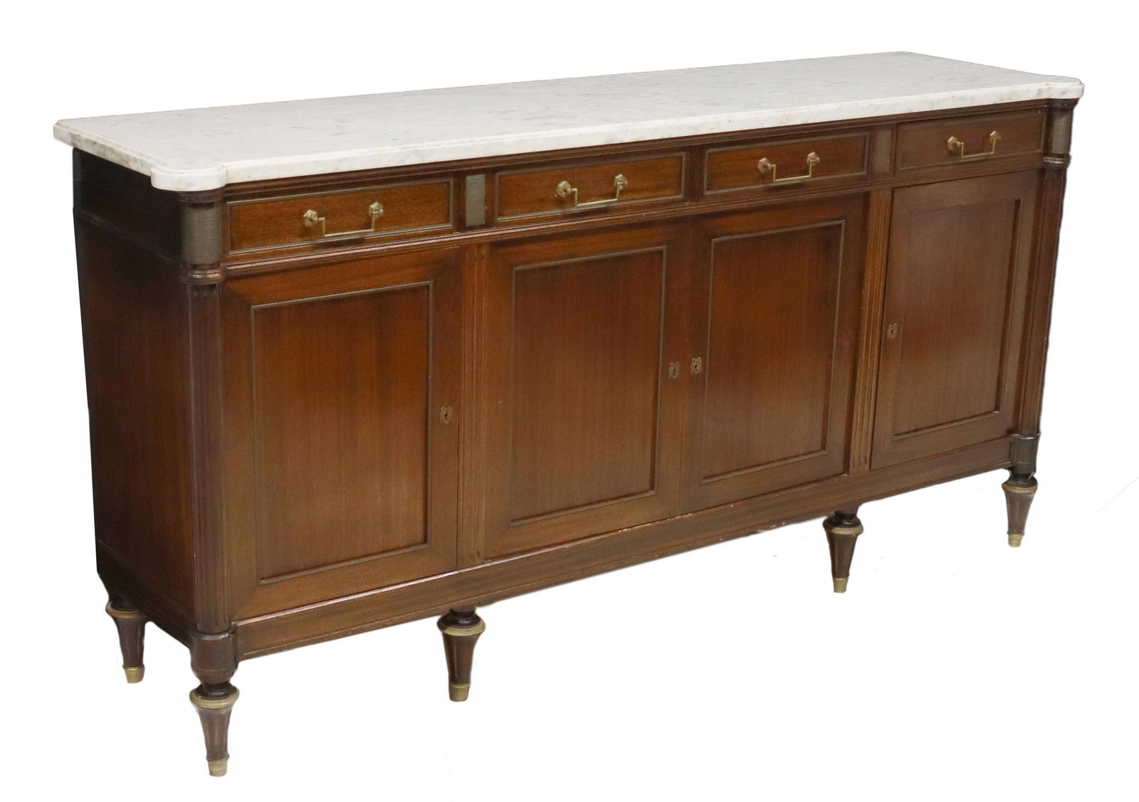 LOUIS XVI STYLE MARBLE-TOP MAHOGANY SIDEBOARD: French Louis XVI style mahogany sideboard, 20th c., having marble top with protruding rounded front corners, gilt metal accents, four drawers over four cabinet doors, flanked on both sides by ribbed e