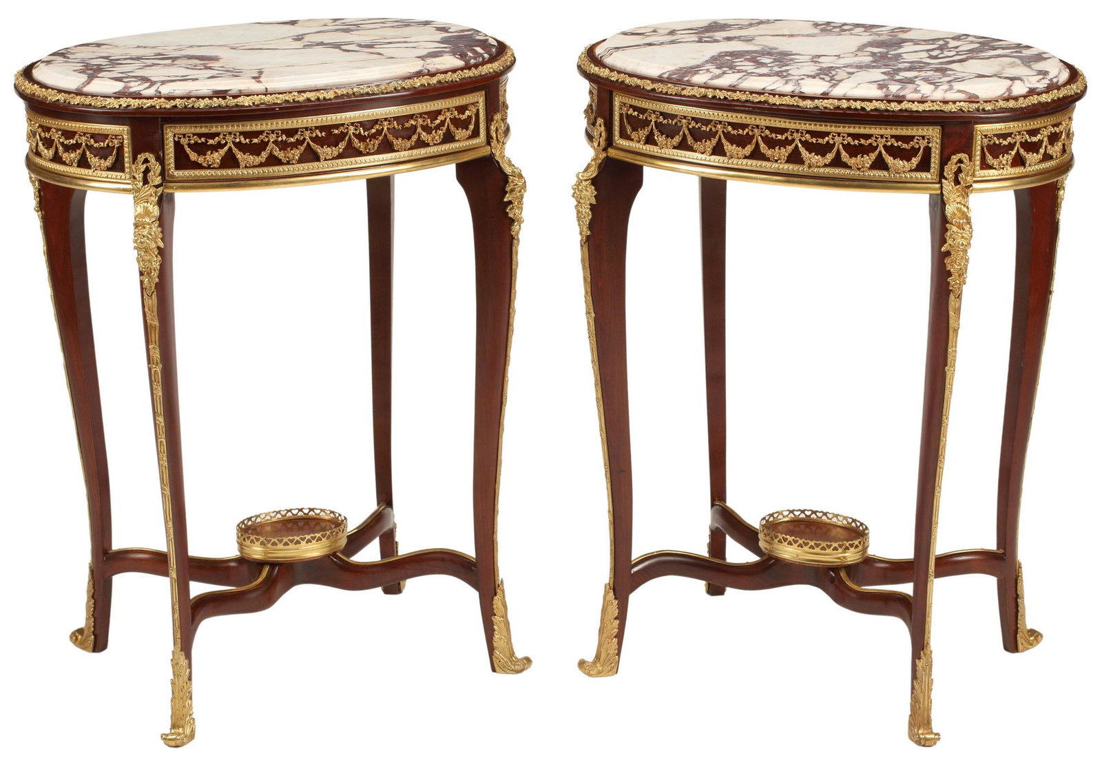 (2) LOUIS XV STYLE ORMOLU-MOUNTED SIDE TABLES: (pair) Louis XV style marble-top side tables, with bronze dore mounts, approx 30.5"h, 24"w, 18"d Start Price: $600.00
