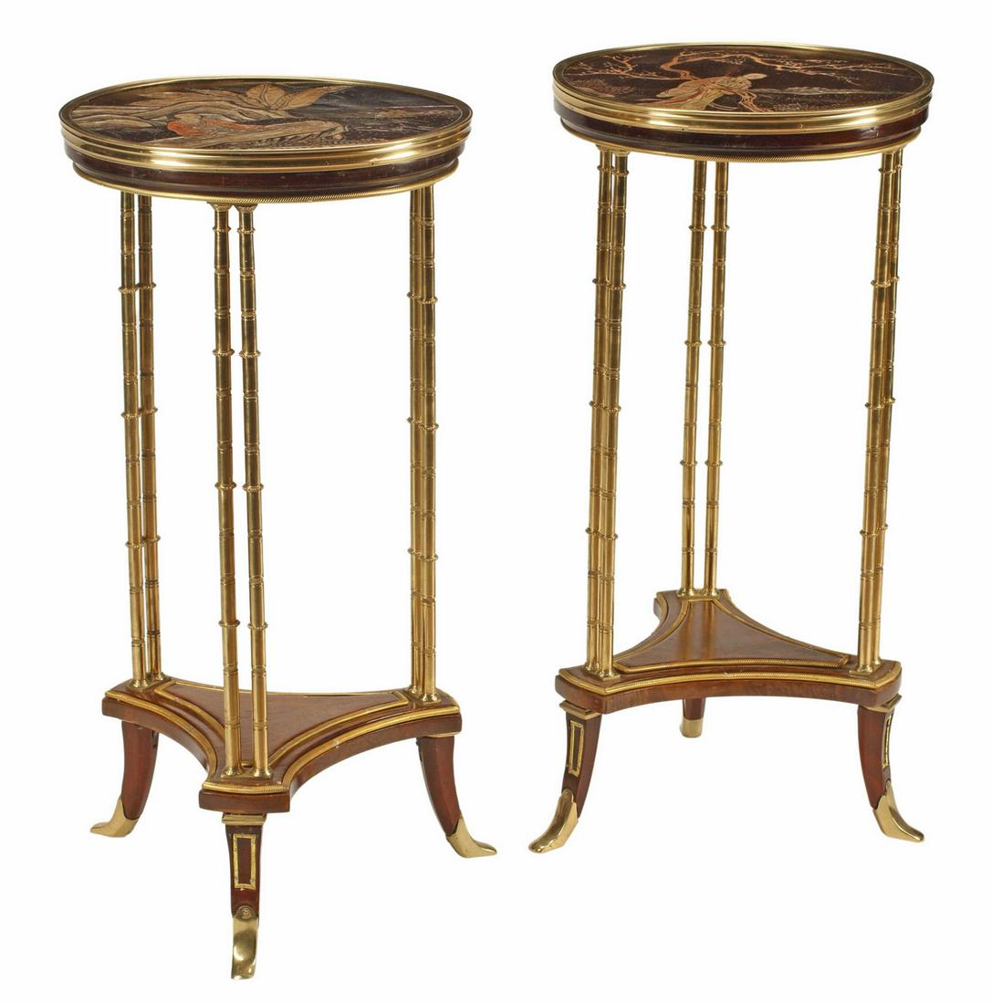 (2) CHINOISERIE STYLE BRONZE DORE GUERIDONS: (pair) Chinoiserie style bronze dore side tables, tops with some small losses and restoration, approx 30"h, 14.5"diam Start Price: $600.00