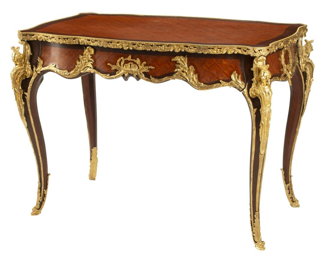 LOUIS XV STYLE ORMOLU & PARQUETRY BUREAU PLAT: Louis XV style writing desk, with bronze dore mounts, approx 32"h, 43.5"w, 27"d Start Price: $400.00