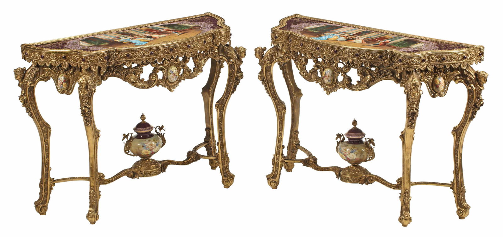 (2) LOUIS XV STYLE ORMOLU & PORCELAIN CONSOLES: (pair) Louis XV style bronze dore and transfer-printed porcelain console tables, approx 31.5"h, 46"w, 18.5"d Start Price: $800.00