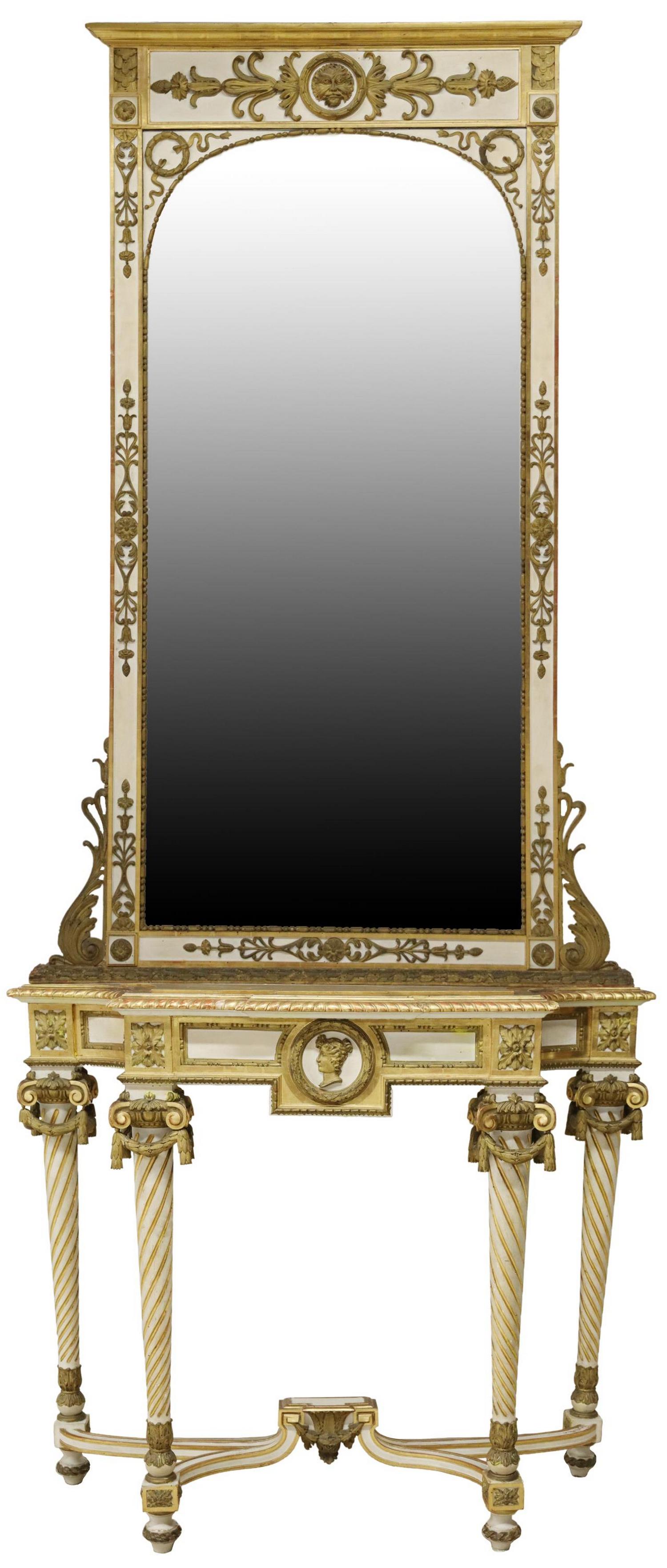 FRENCH EMPIRE PARCEL GILT CONSOLE TABLE & MIRROR: French Empire style console table and mirror, 19th c., parcel gilt and painted finish, mirror with molded cornice, mask, palmettes, arched beveled mirror plate, inset marble top, apron with portrait m