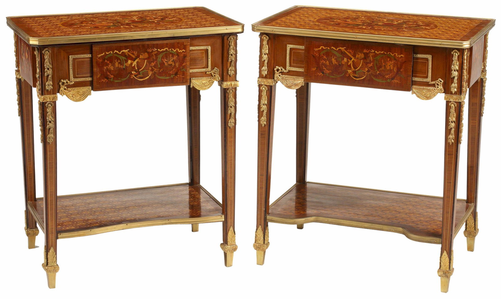2) LOUIS XVI STYLE ORMOLU-MOUNTED MARQUETRY TABLES: (pair) Louis XVI style marquetry inlaid tables, with bronze dore mounts, single drawer, approx 30.5"h, 25.5"w, 17"d Start Price: $400.00