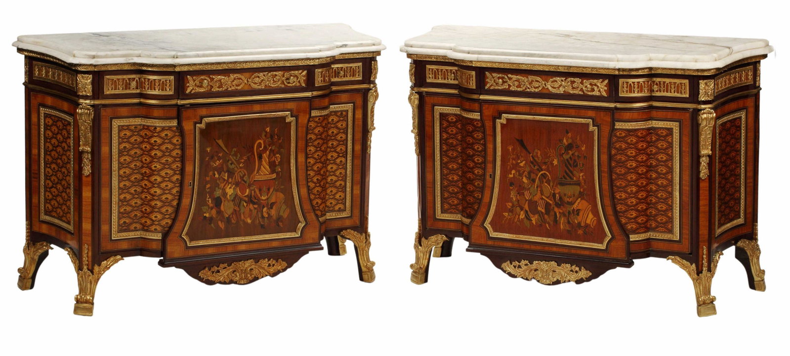 (2) REGENCE STYLE MARBLE-TOP INLAID CABINETS: (pair) Regence style marble-top inlaid cabinets, with bronze dore mounts, one door with restoration and lacking escutcheon, approx 36"h, 52.5"w, 23"d Start Price: $1500.00