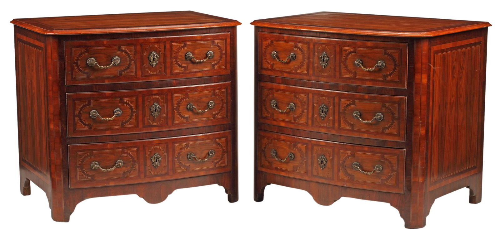 (2) REGENCE STYLE INLAID THREE-DRAWER COMMODES: (pair) Regence style inlaid commodes, fitted with three drawers, one with restoration to trim, approx 34.5"h, 38"w, 28"d Start Price: $800.00