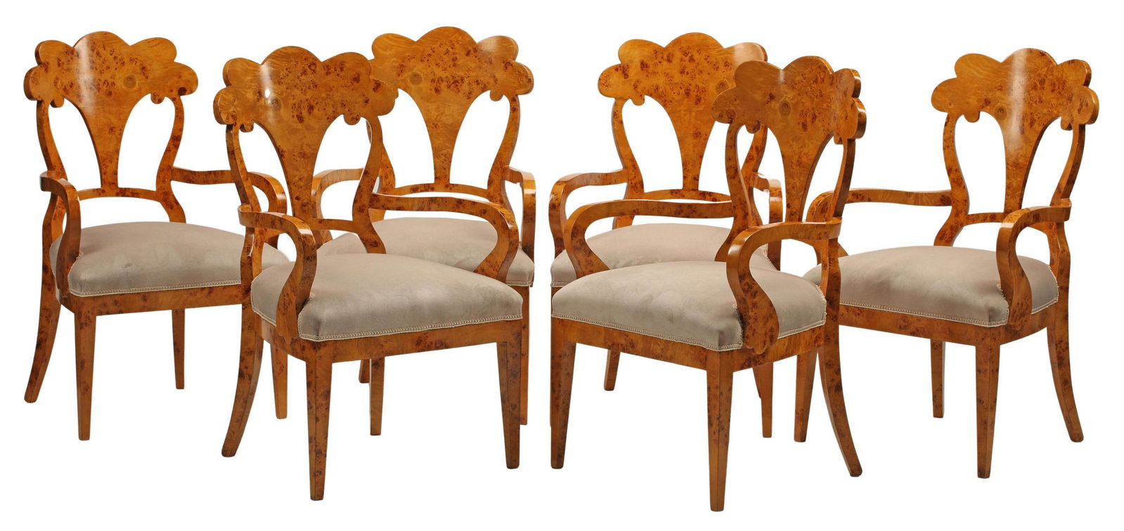 (6) BIEDERMEIER STYLE UPHOLSTERED DINING CHAIRS: (lot of 6) Biedermeier style upholstered dining chairs, approx 40"h, 24.5"w, 20.5"d, seat height: 19.5"h Start Price: $600.00