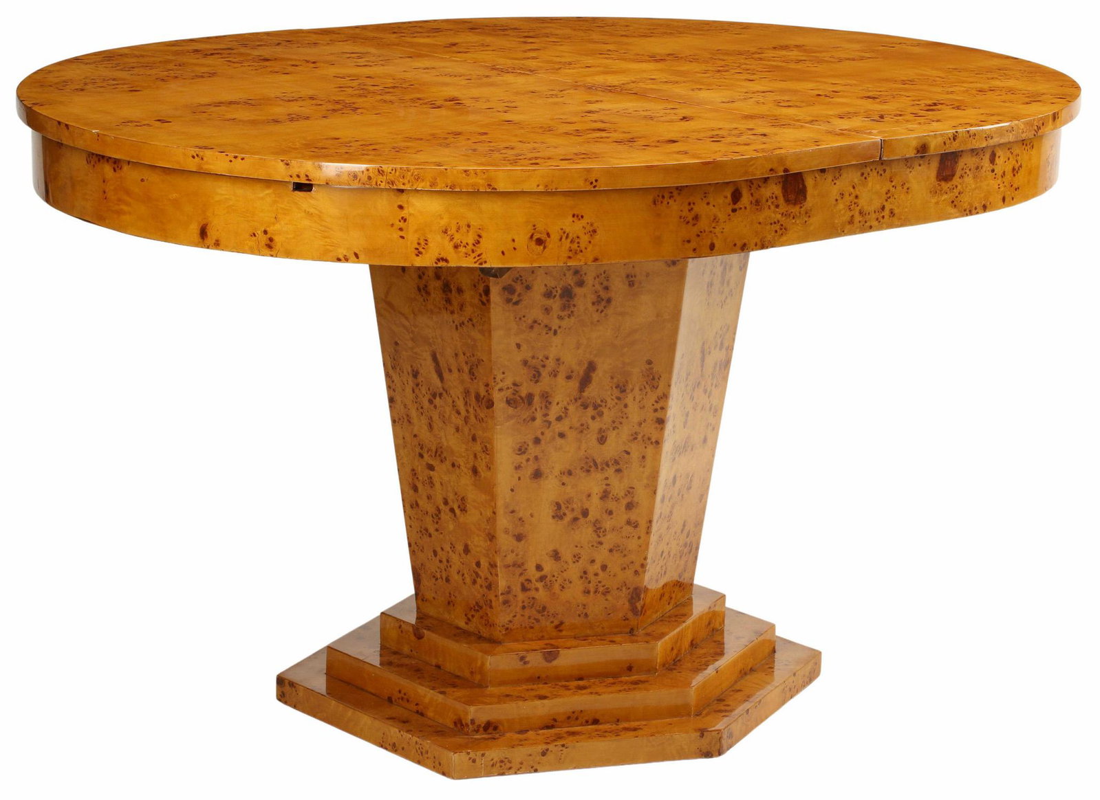 BIEDERMEIER STYLE OVAL EXTENSION TABLE: Biedermeier style oval pedestal table, with built-in leaf, approx 33.5"h, 56.5"w, 45"d, extended: approx 76.5"l Start Price: $300.00
