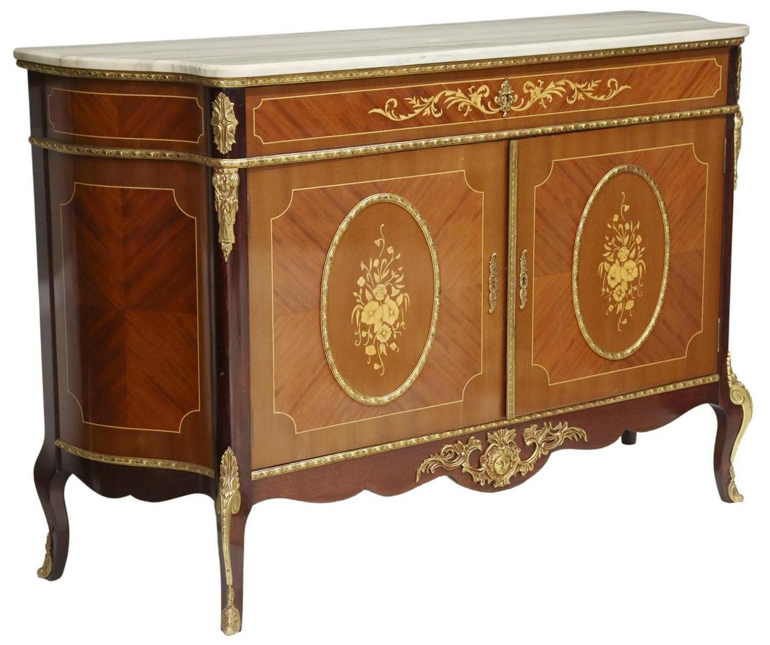 LOUIS XV STYLE MARBLE-TOP MAHOGANY SIDEBOARD: Louis XV style mahogany sideboard, 20th c., shaped marble top, over conforming case, floral marquetry and gilt metal trim, fitted with single drawer, above dual cabinet doors, opening to recessed shel