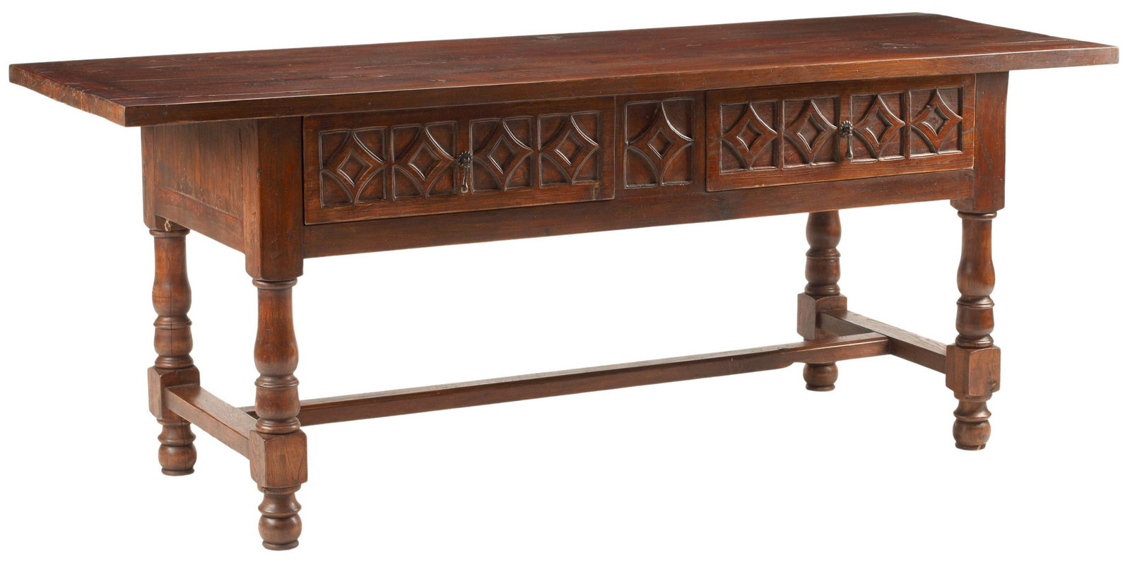 BAROQUE STYLE CONSOLE TABLE, 83"L: Baroque style console table, with two drawers, approx 33"h, 83"l, 29"w Start Price: $300.00