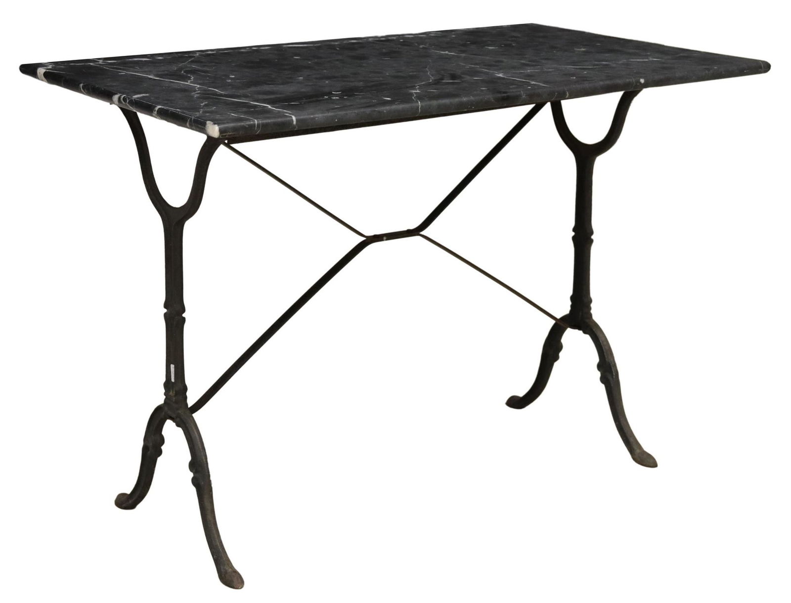 FRENCH MARBLE-TOP CAST IRON BISTRO TABLE: French bistro table, early 20th c., rectangular marble top, cast iron base, approx 28.5"h, 39.5"w, 23.75"d Start Price: $150.00