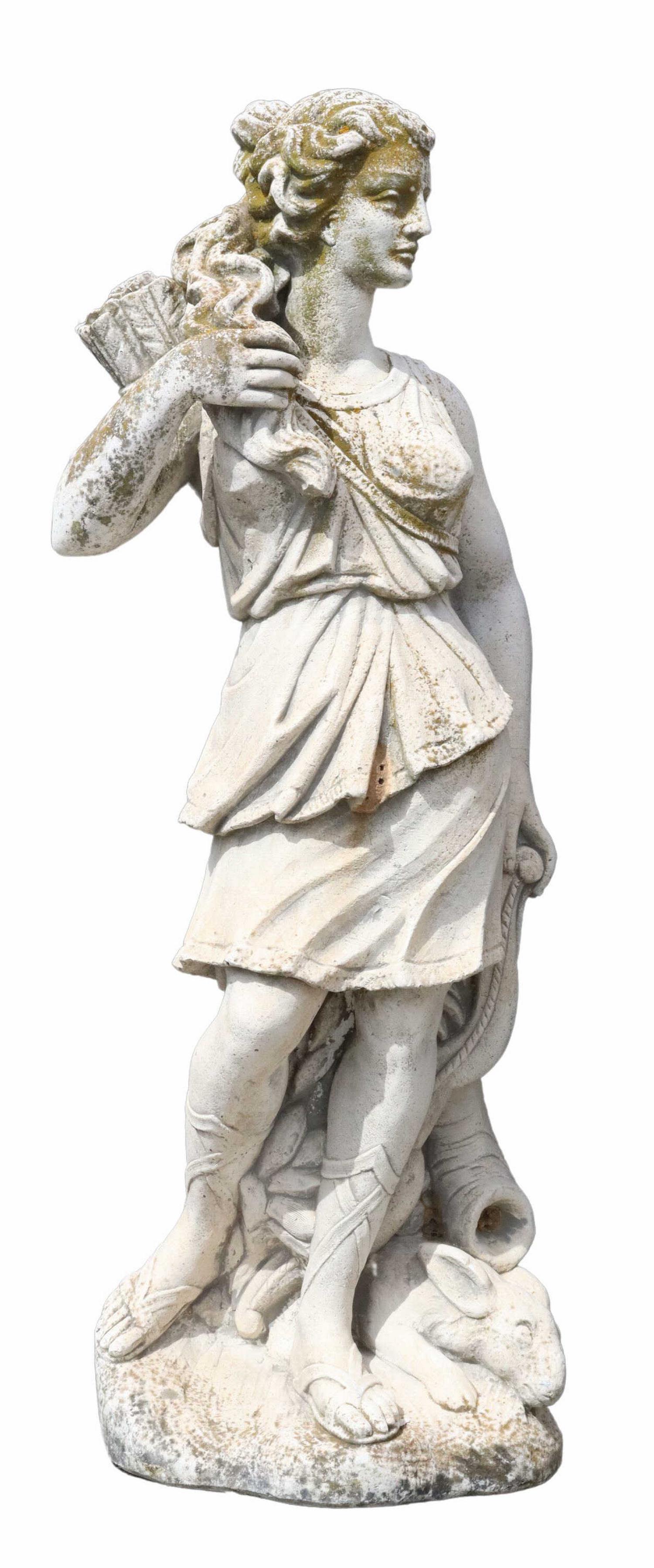NEAR LIFE-SIZE ITALIAN CAST STONE DIANA STATUE 53": Near life-size Italian cast stone garden statue, Diana the Huntress, 20th c., standing on shaped base, with hunting dog at her feet, incised "ITAL GARDEN" to base, hairline fractures throughout, appro