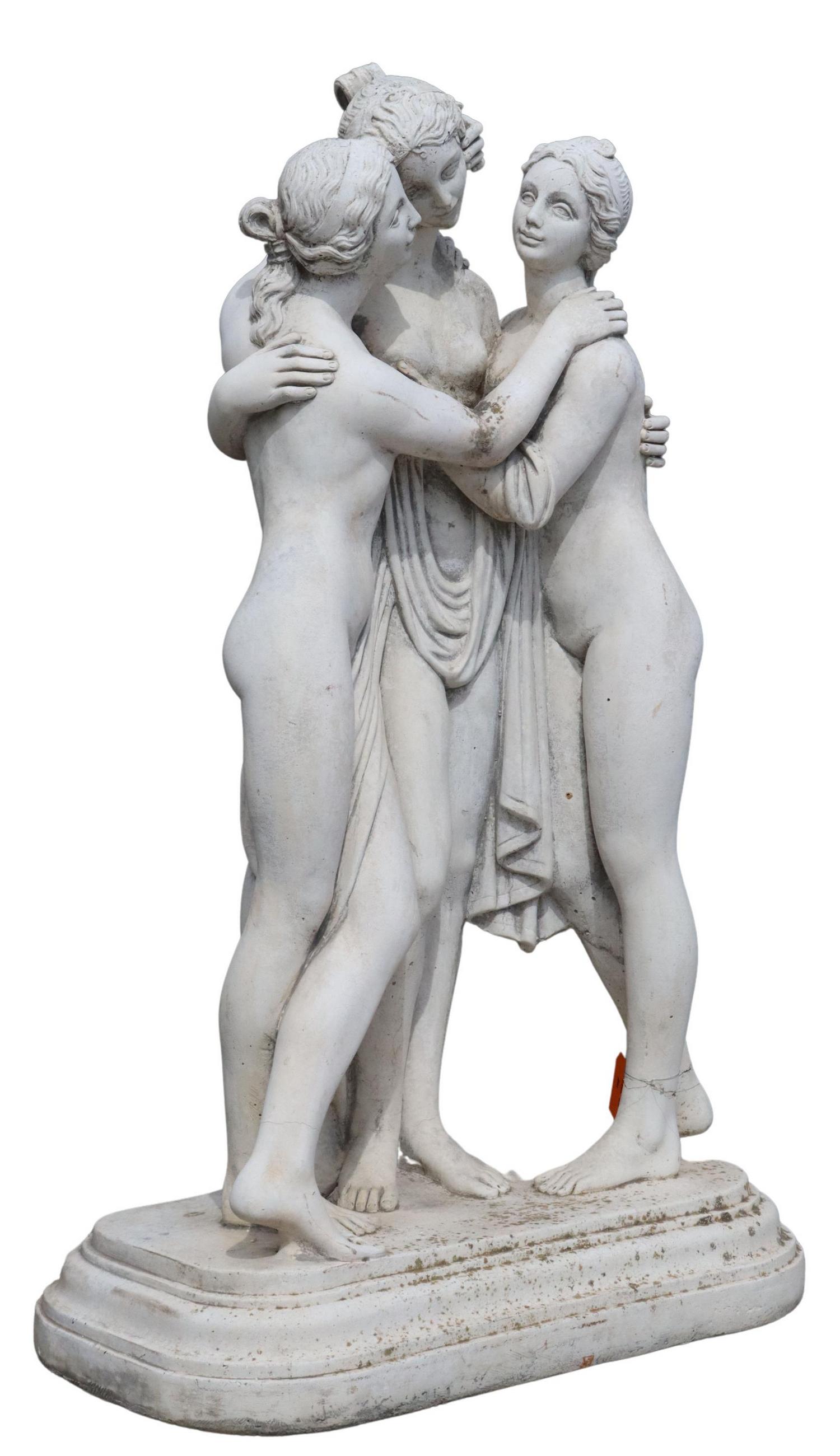 AFTER CANOVA CAST STONE THREE GRACES GARDEN STATUE: Italian cast stone garden statue, The Three Graces, after Antonio Canova (Italian, 1757-1822), 20th c., rising on stepped pedestal base, fractures at ankles, approx 43.5"h, 25"w, 14.5"d **PLEASE NOTE: