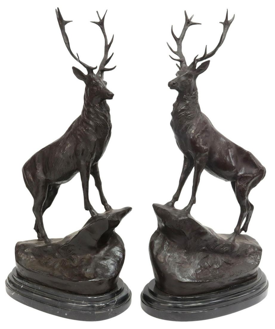(2) AFTER JULES MOIGNIEZ PATINATED BRONZE STAGS: (pair) Large patinated bronze sculptures, signed in cast after Jules Moigniez (French, 1835-1894), depicting stag standing over naturalistic rocky outcrop, on stepped marble plinth, approx 29.5"h, 16"