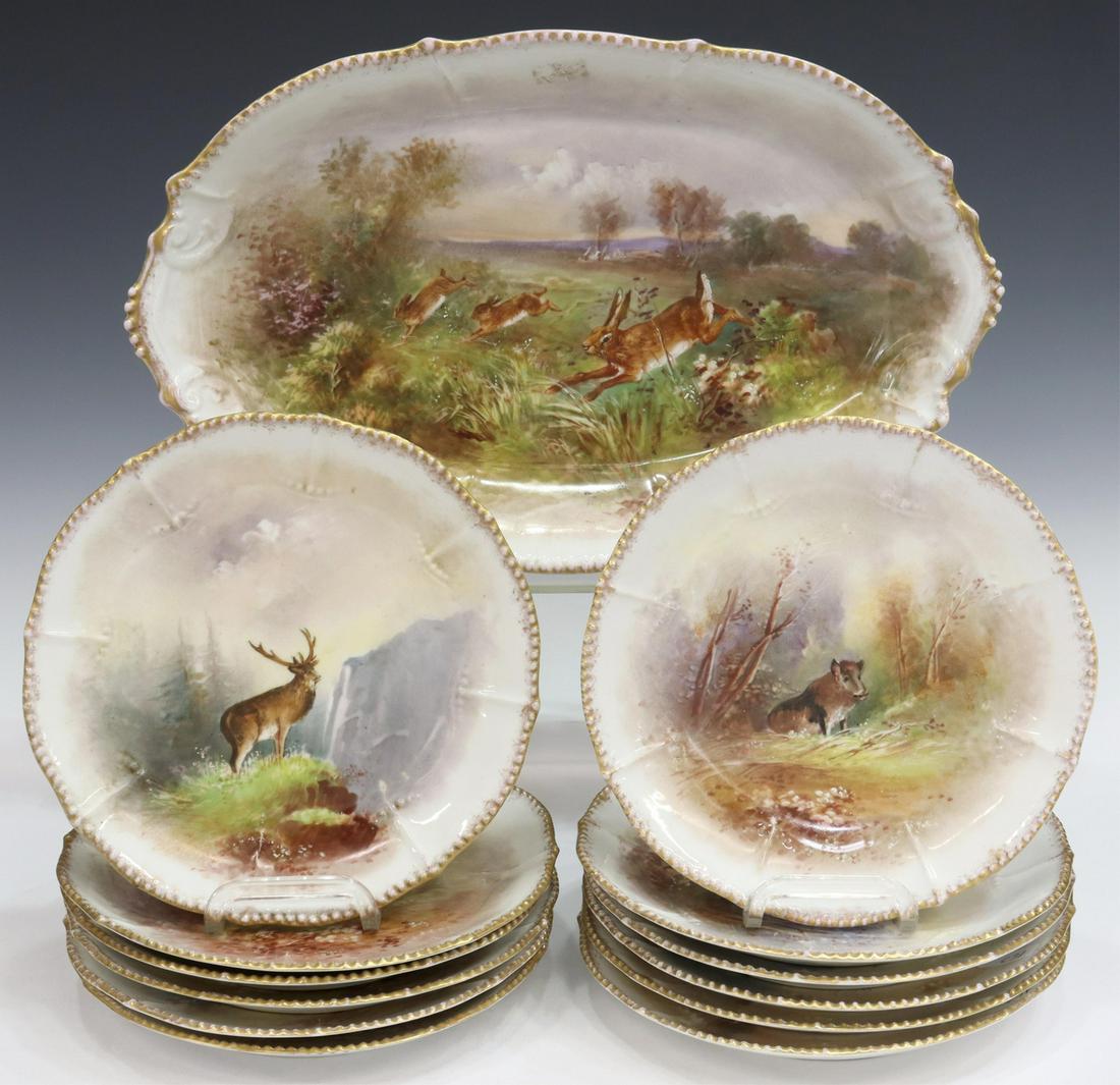 (13) FRENCH LIMOGES PORCELAIN GAME SERVICE: (lot of 13) French Limoges porcelain game service, Elite Works, 20th c., having hand-painted scenes of various game animals, gilt beaded rims, comprising: (12) dinner plates, with six unique designs, 