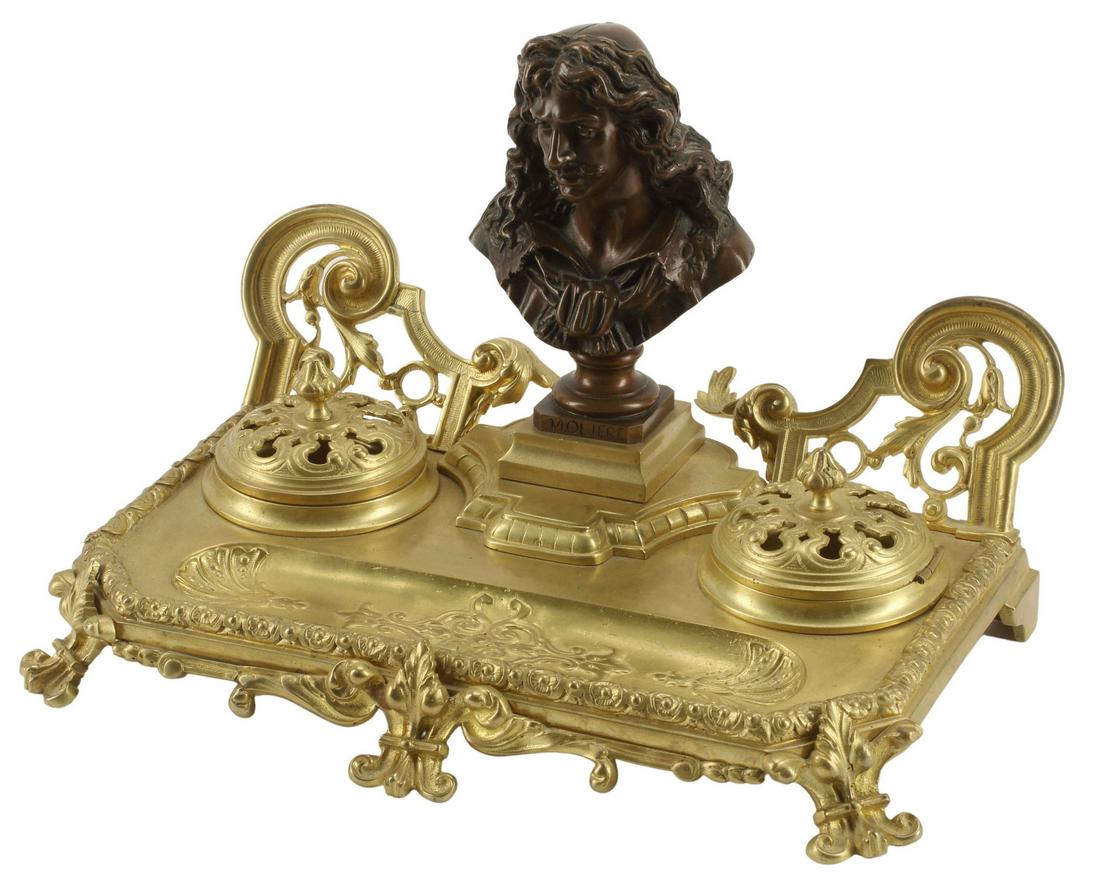 FRENCH BRONZE DOUBLE INKWELL ENCRIER: French bronze encrier/ desk stand, patinated bust of Moliere (Jean-Baptiste Poquelin, French, 1622-1673), ormolu stand with double inkwells, marked J.F., approx 8"h, 13"w, 8.5"d, 9lbs Start Price: $10