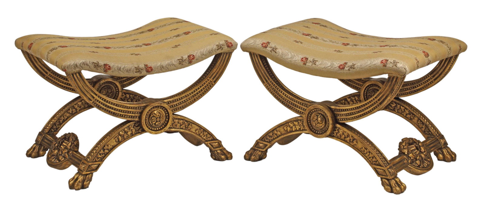 (2) NEOCLASSICAL STYLE GILTWOOD CURULE BENCHES: (pair) Neoclassical style giltwood curule benches, with upholstered seat, approx 19.5"h, 28"w, 21"d Start Price: $300.00