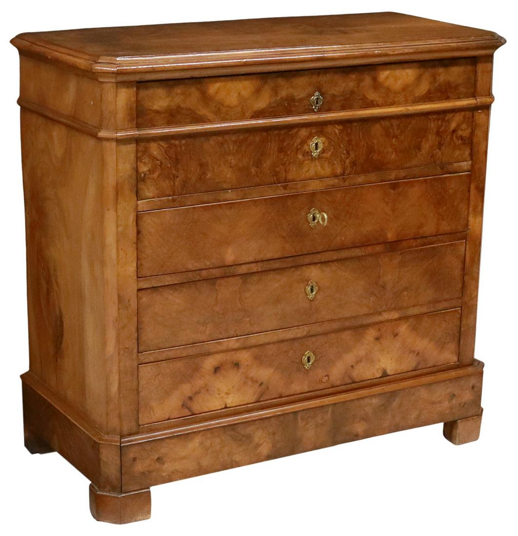 FRENCH LOUIS PHILIPPE PERIOD SECRETARY COMMODE: French Louis Philippe period burled walnut secretary commode, mid 19th c., having fold-down writing surface with interior gallery over four drawers, lowest drawer concealed in base molding, rising on