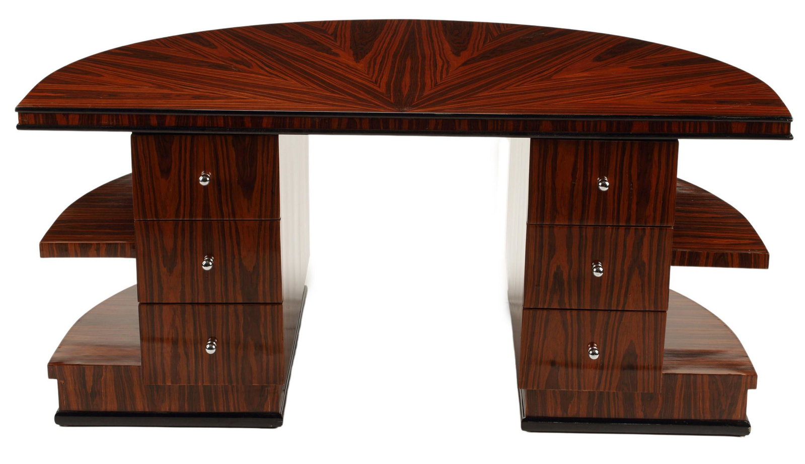 ART DECO STYLE DEMILUNE WRITING DESK: Art Deco style demilune double pedestal writing desk, approx 32"h, 71"w, 44"d Start Price: $400.00