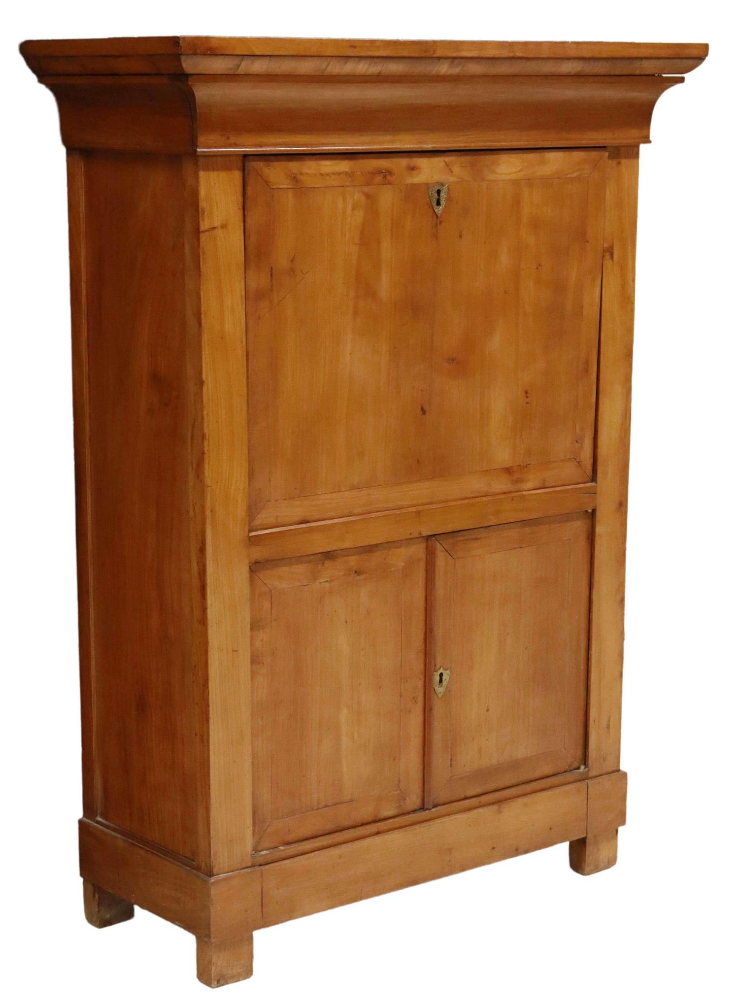 FRENCH EMPIRE STYLE FRUITWOOD SECRETAIRE ABATTANT: French Empire style fruitwood fall front desk, late 19th c., having molded cornice, frieze drawer, over fall front panel, opening to fitted interior gallery, with inset leather writing surface, six dr