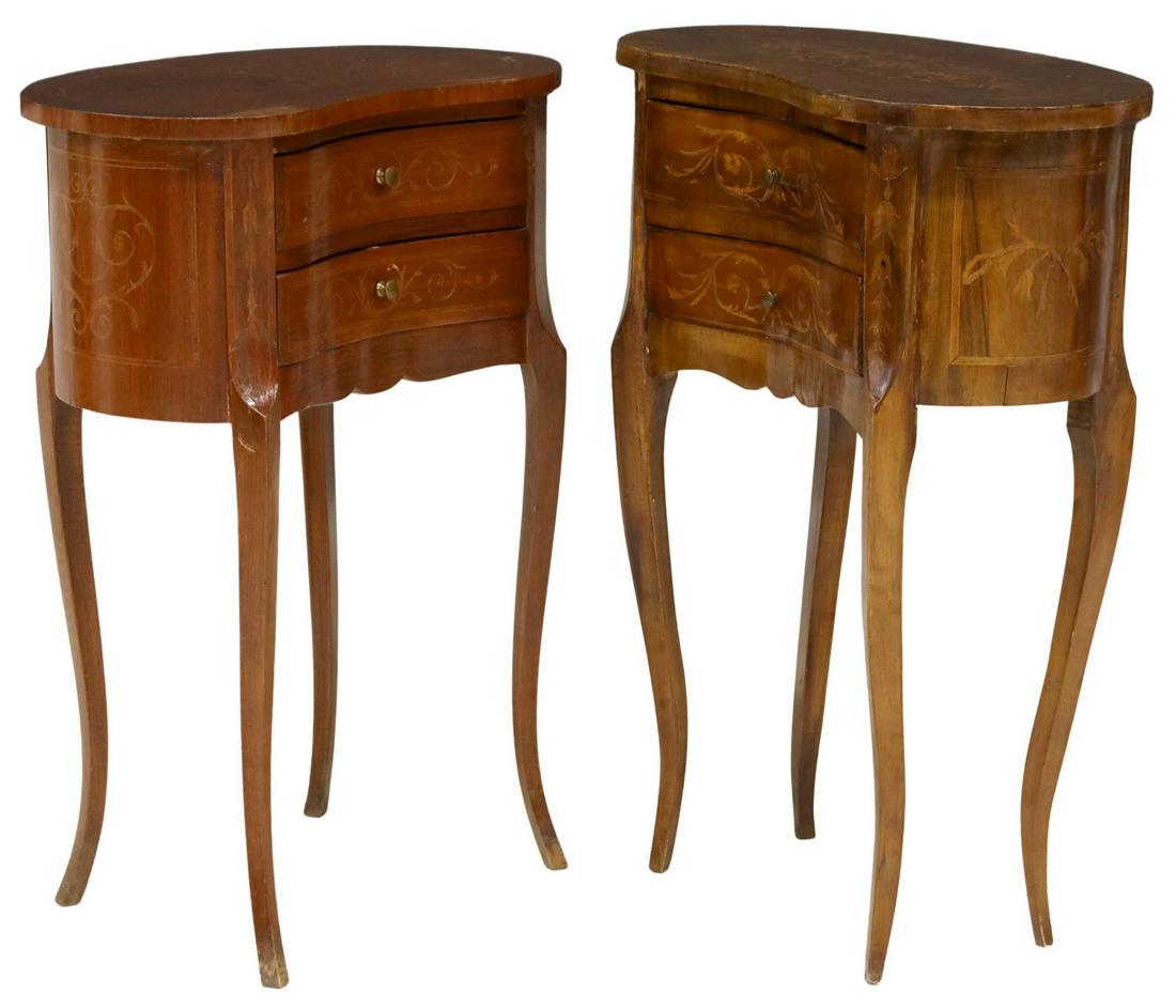 (2) ITALIAN LOUIS XV STYLE KIDNEY-FORM NIGHSTANDS: (lot of 2) Italian Louis XV style nightstands, 20th c., of varied design, kidney-form case accented with floral marquetry, each fitted with two drawers, rising on cabriole legs, both sturdy, one with 