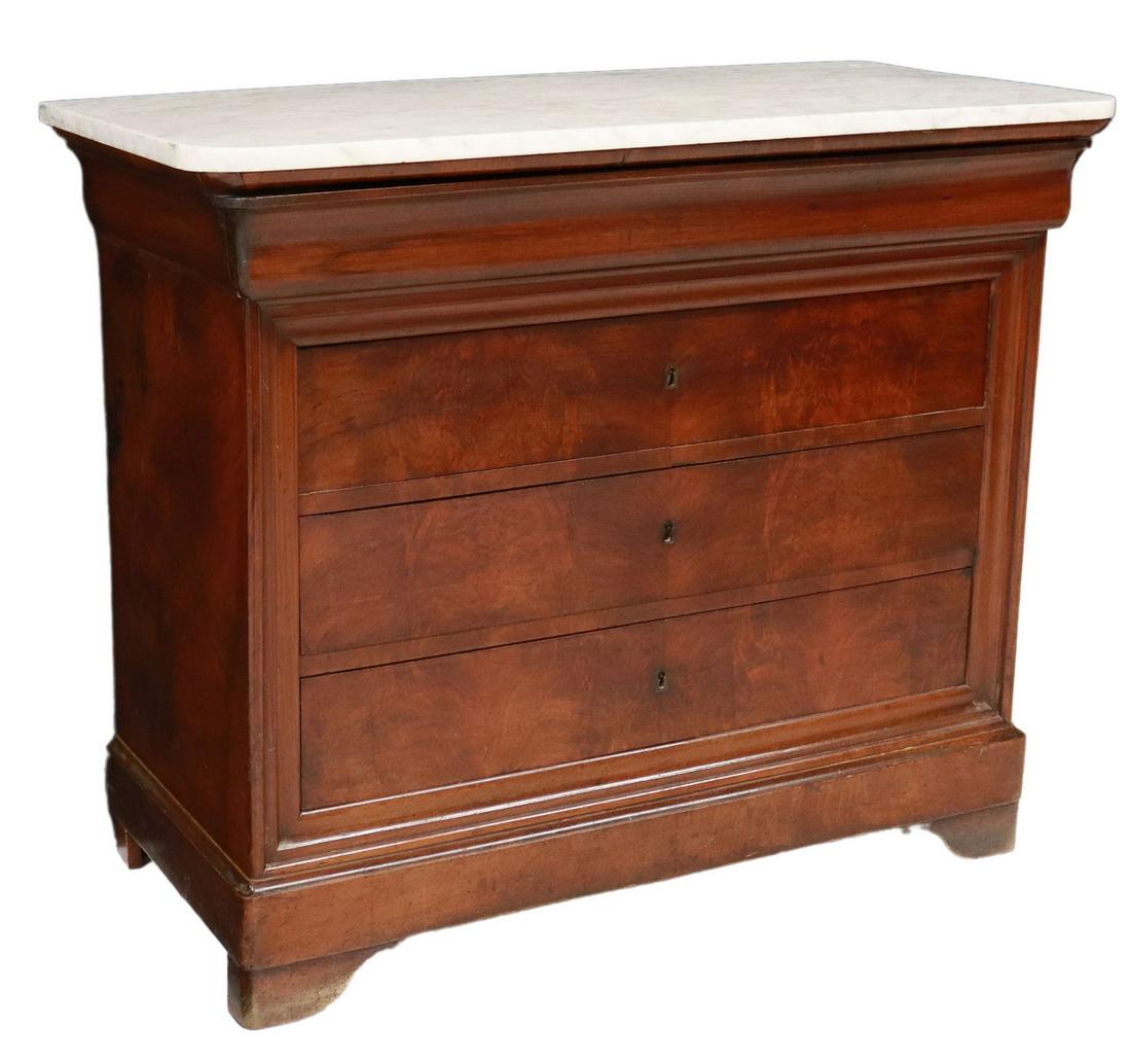 FRENCH LOUIS PHILIPPE MARBLE-TOP MAHOGANY COMMODE: French Louis Philippe period marble-top mahogany commode, mid 19th c., ogee frieze drawer, over three additional drawers, rising on bracket feet, separation at side panels, approx 39"h, 47"w, 21.75"d