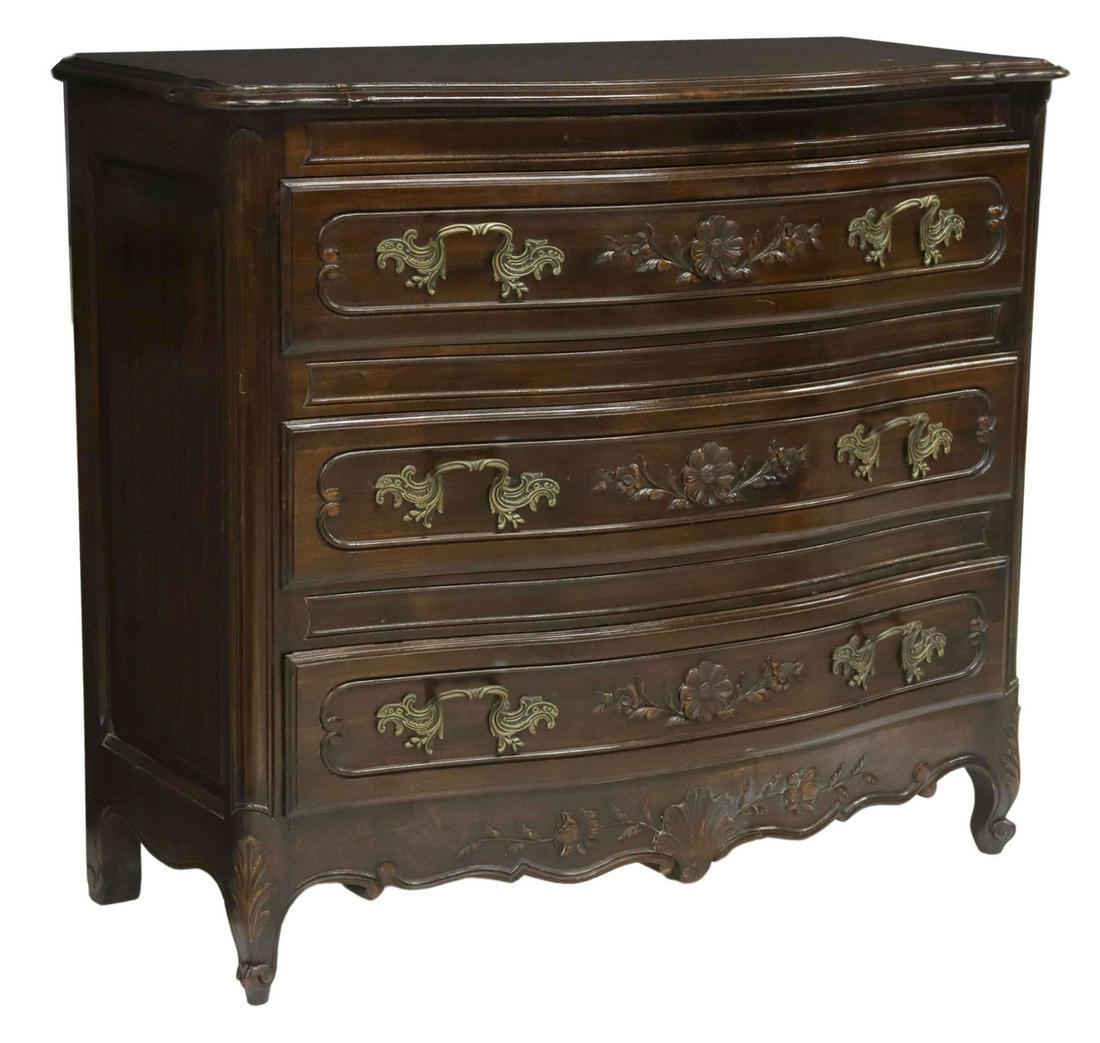 LOUIS XV STYLE THREE-DRAWER COMMODE: Louis XV style commode, 20th c., three drawers with floral carving, rising on whorl feet, approx 36.5"h, 41.5"w, 19.25"d Start Price: $200.00