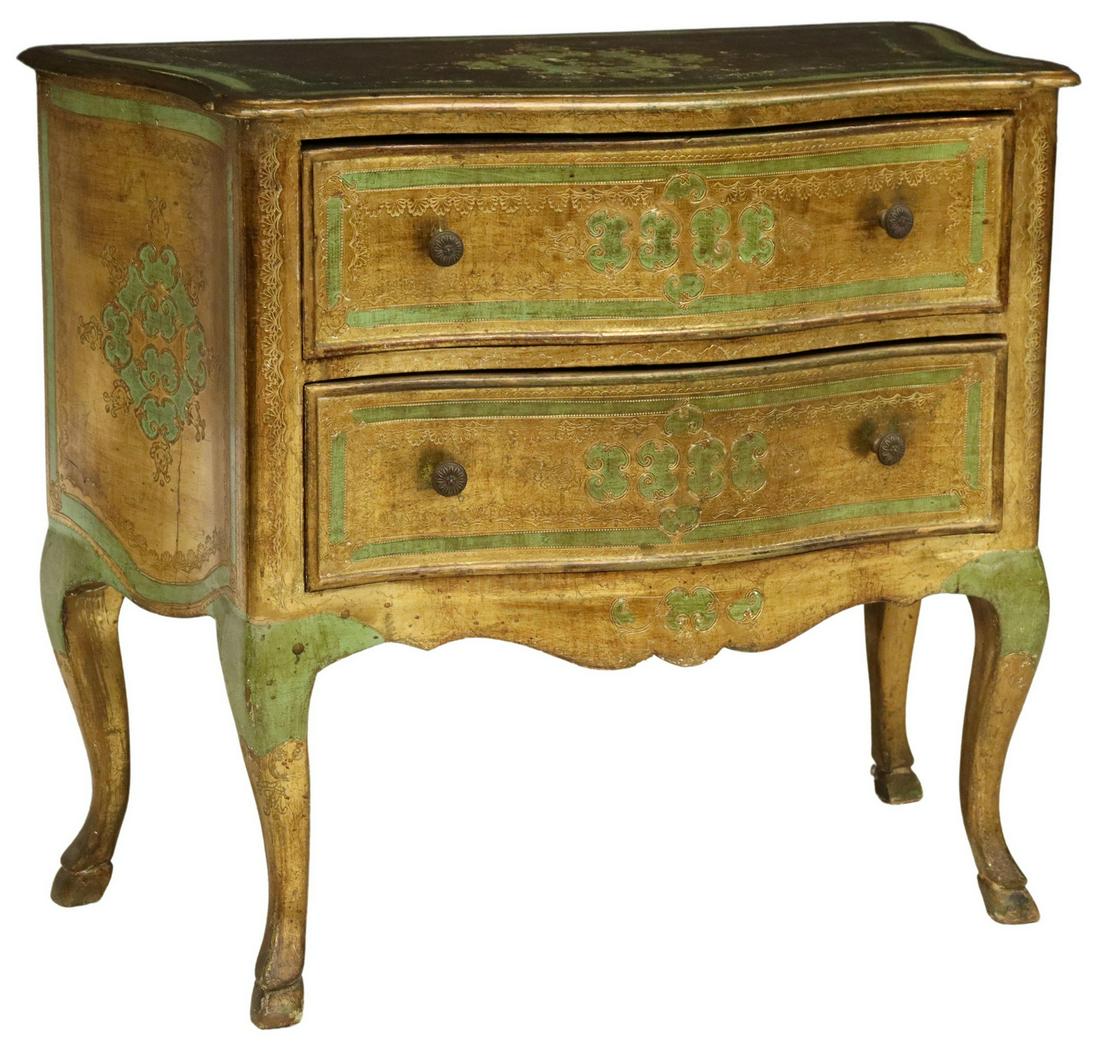 ITALIAN FLORENTINE PARCEL GILT & PAINTED COMMODE: Florentine parcel gilt and painted commode, 20th c., serpentine-front case, fitted with two drawers, rising on cabriole legs, approx 30.5"h, 35.5"w, 17.25"d Start Price: $200.00